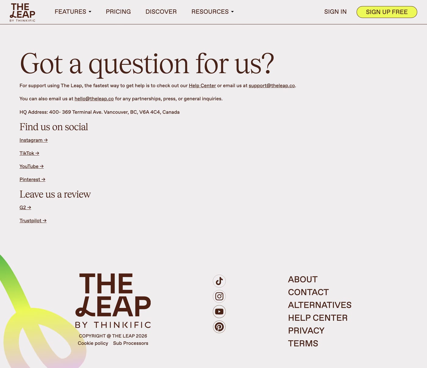 The Leap — screenshot of the contact page