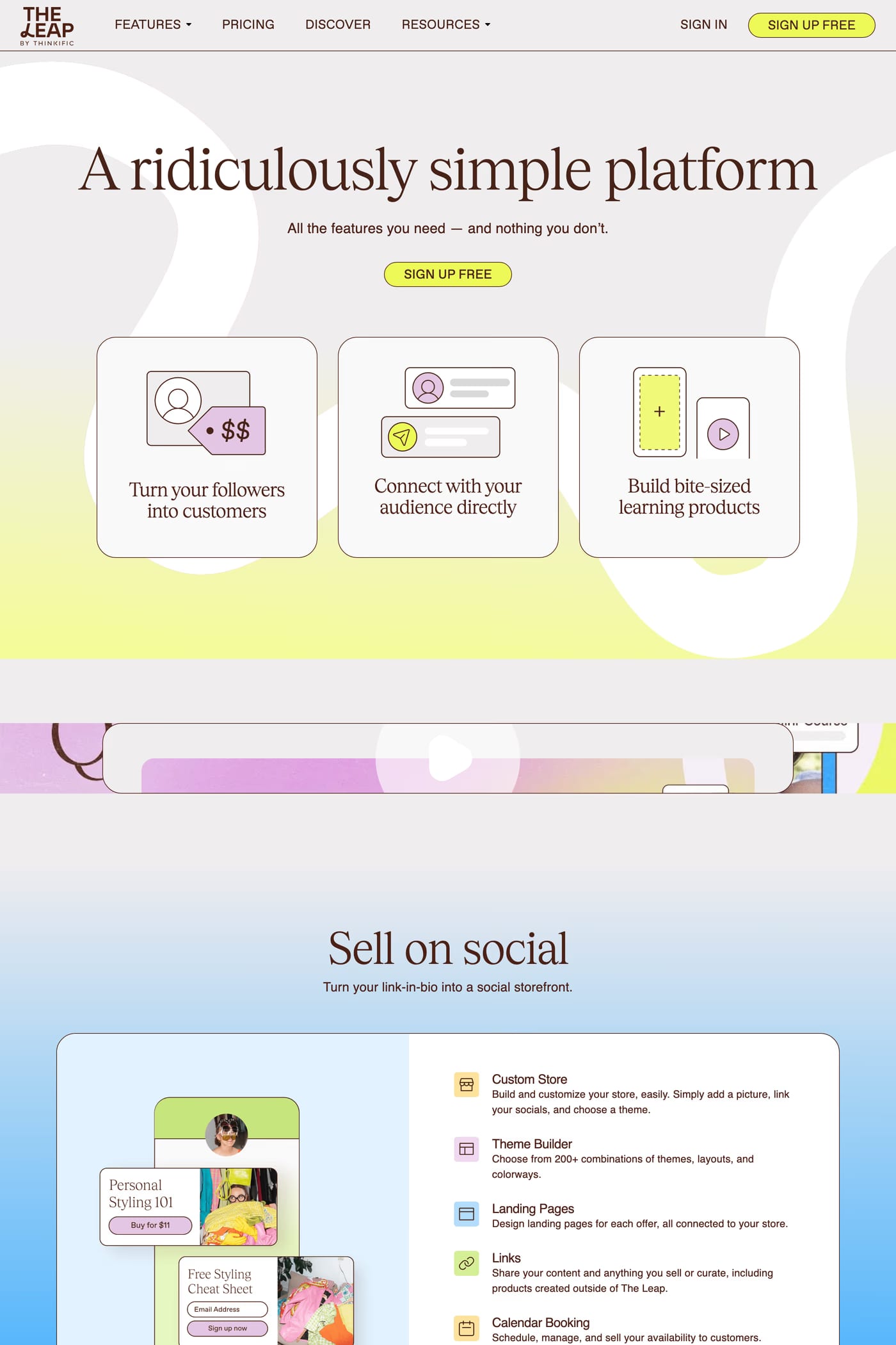 The Leap — screenshot of the features page