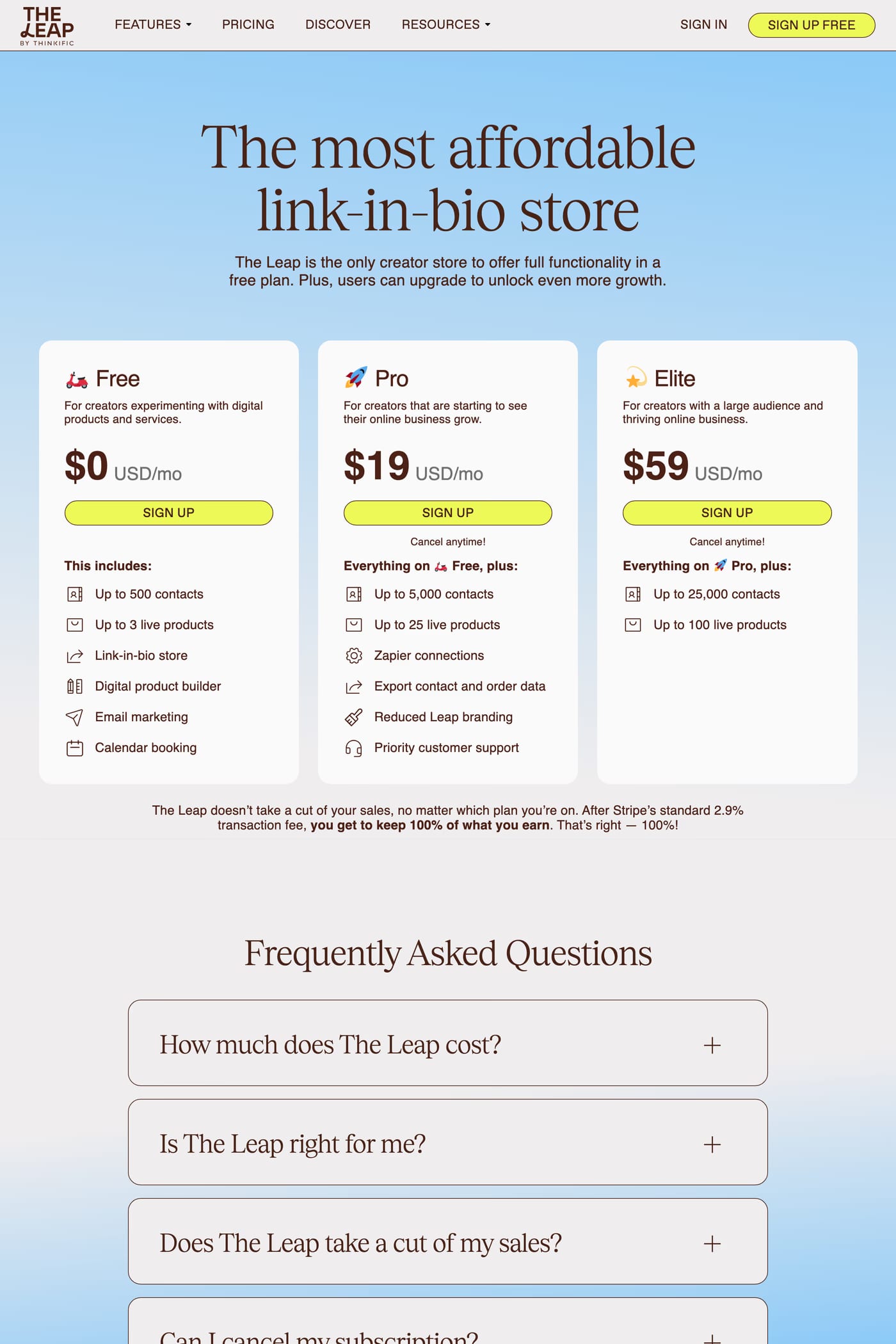 The Leap — screenshot of the pricing page