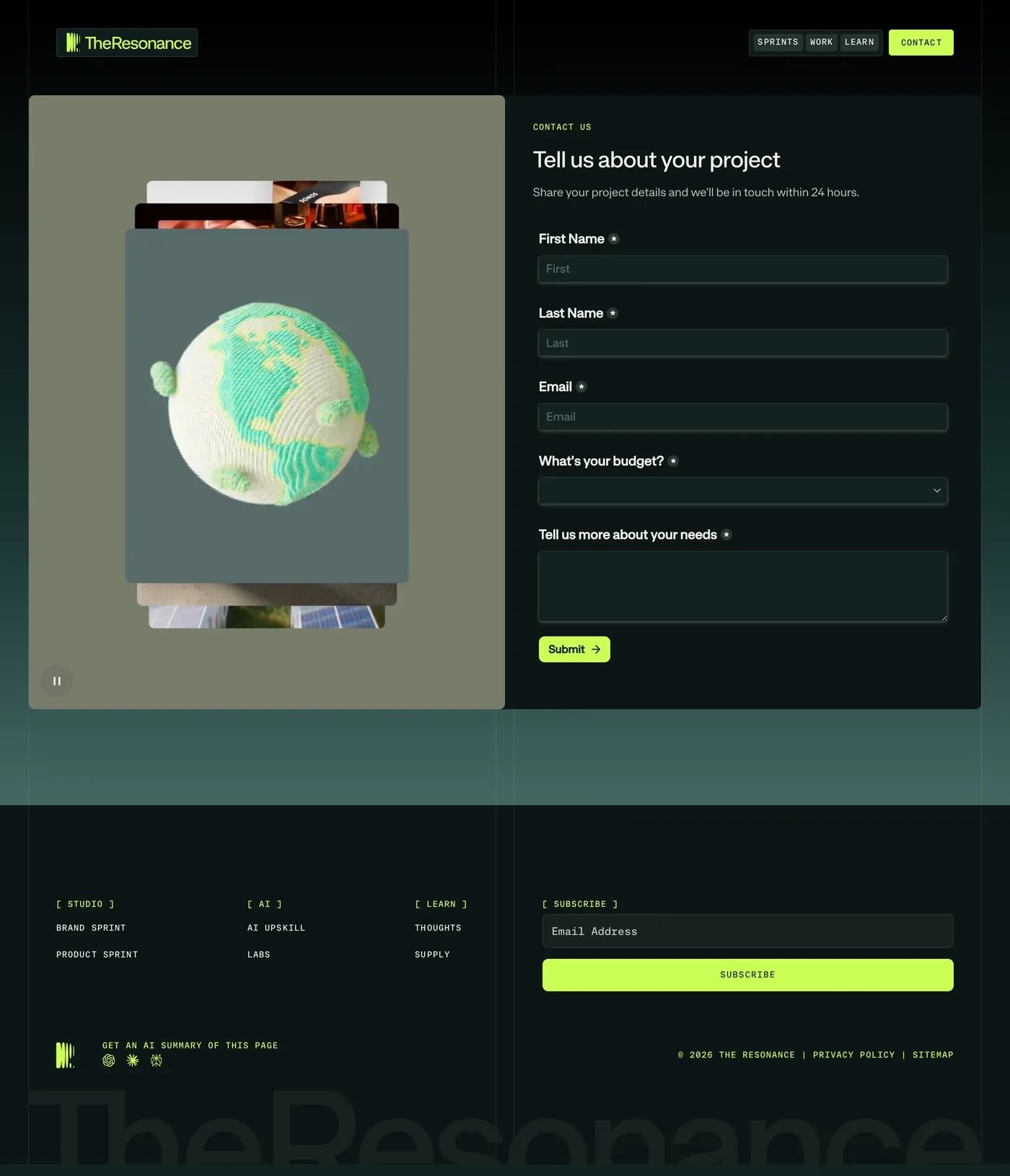 The Resonance Studio — screenshot of the contact page
