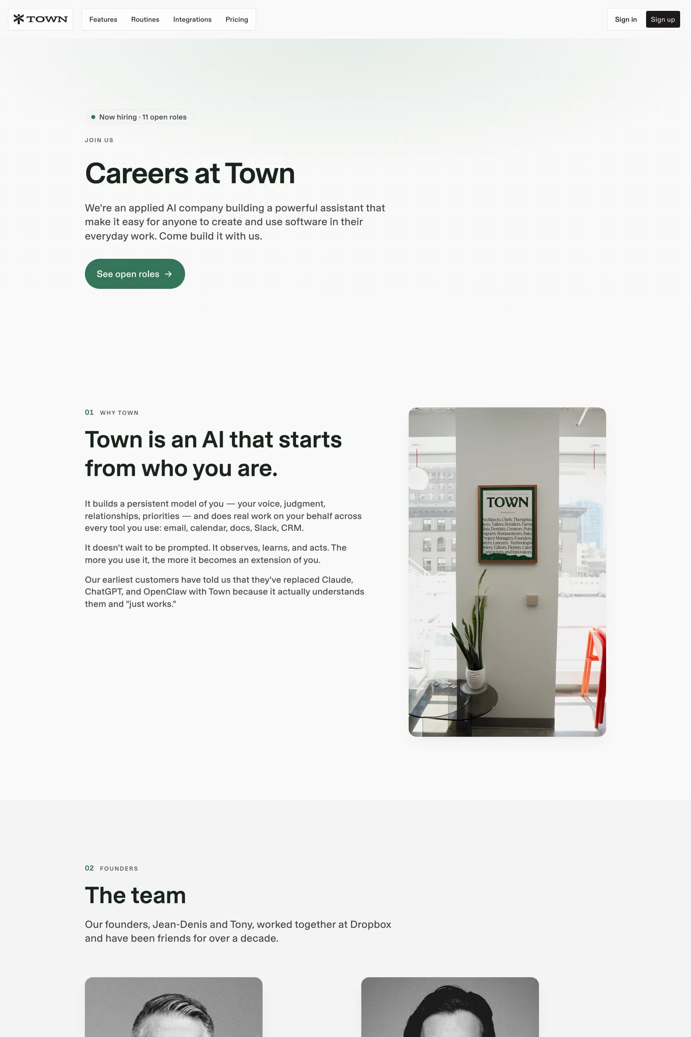 Town — screenshot of the careers page