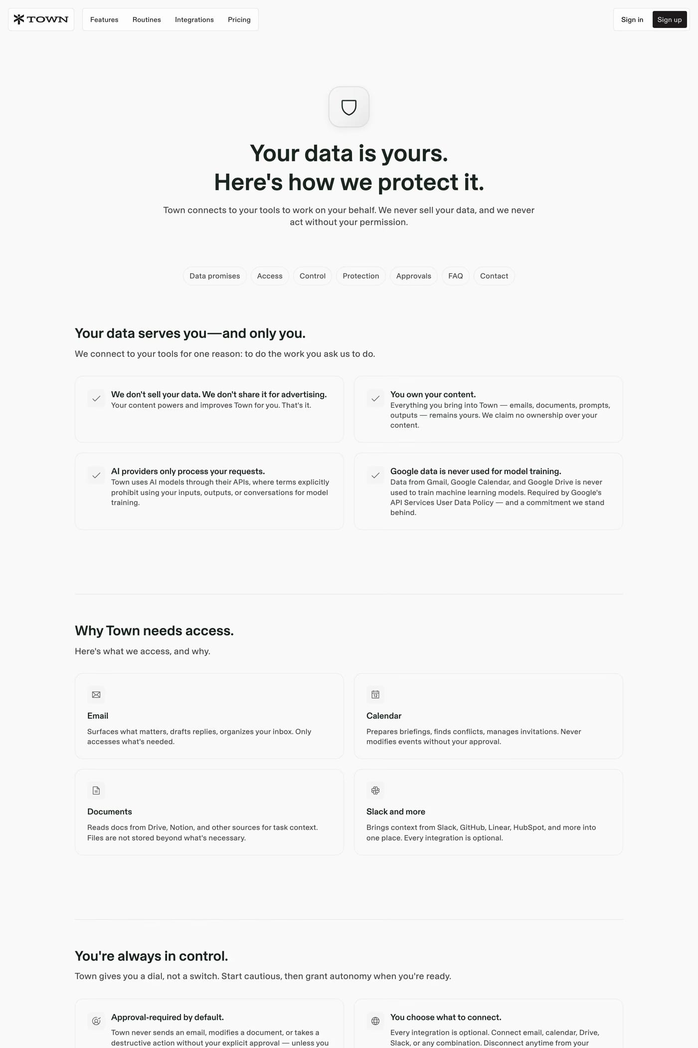 Town — screenshot of the features page