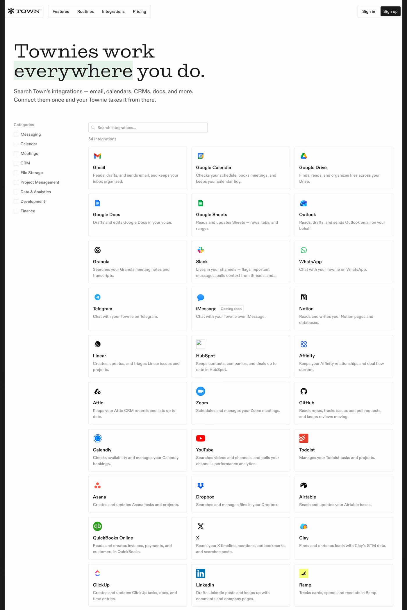 Town — screenshot of the integrations page
