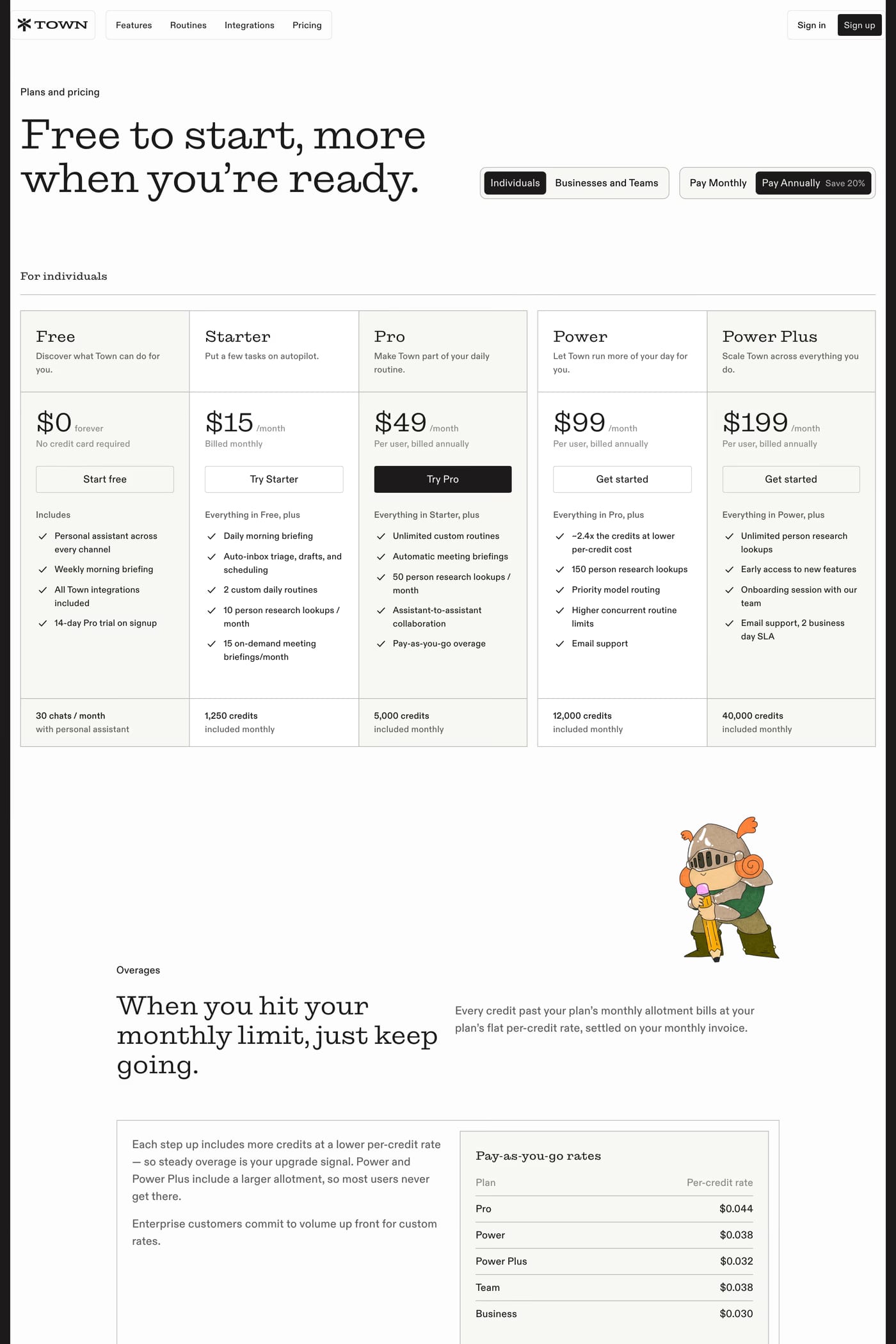 Town — screenshot of the pricing page