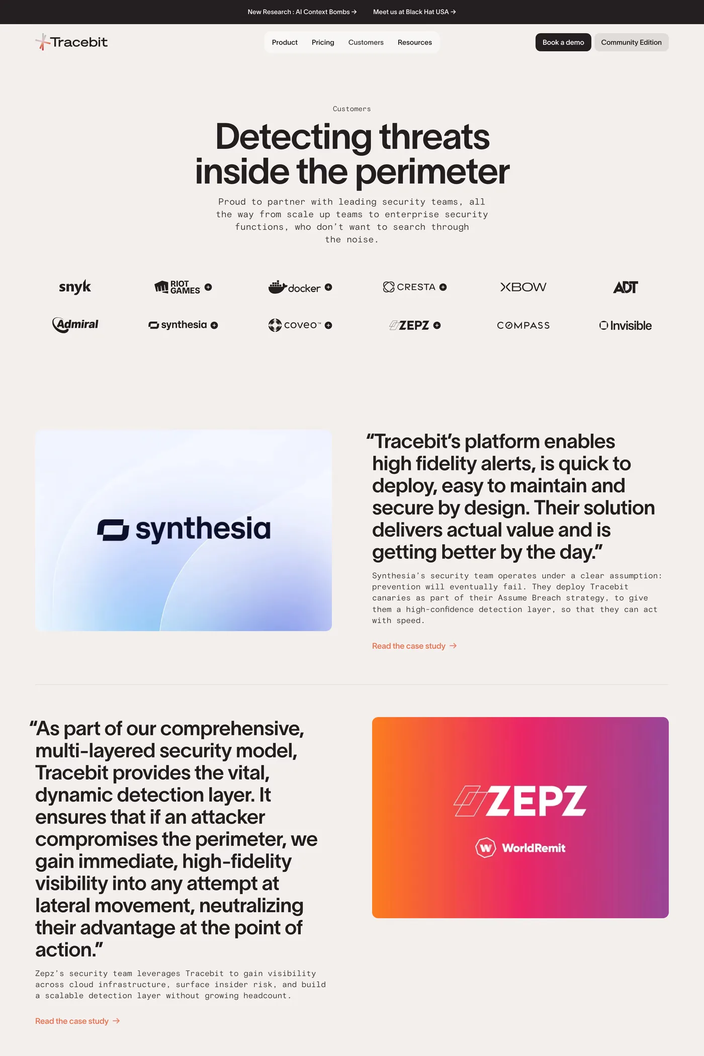 Tracebit — screenshot of the case studies page