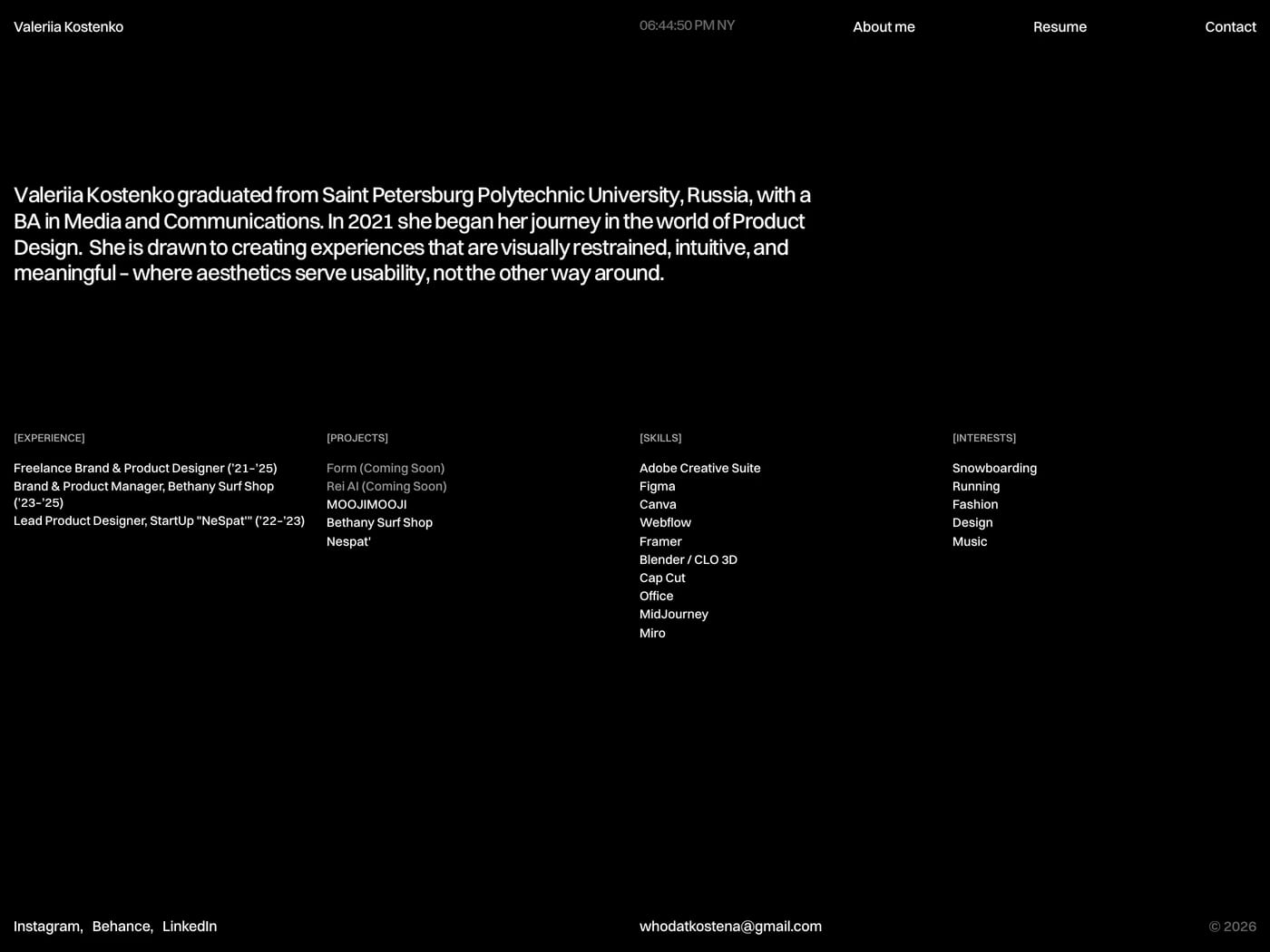 Valeriia Kostenko — screenshot of the about page