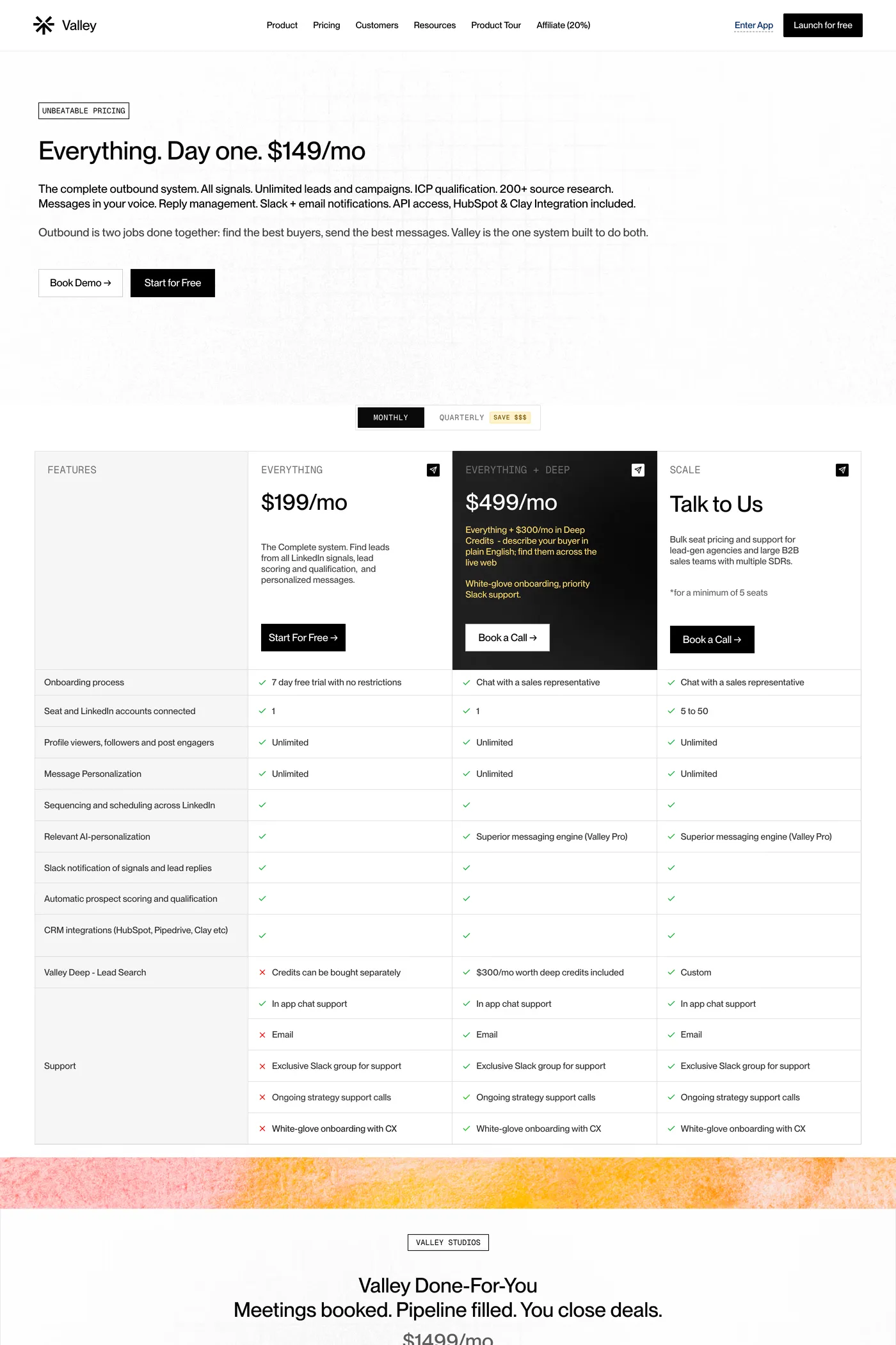 Valley — screenshot of the pricing page