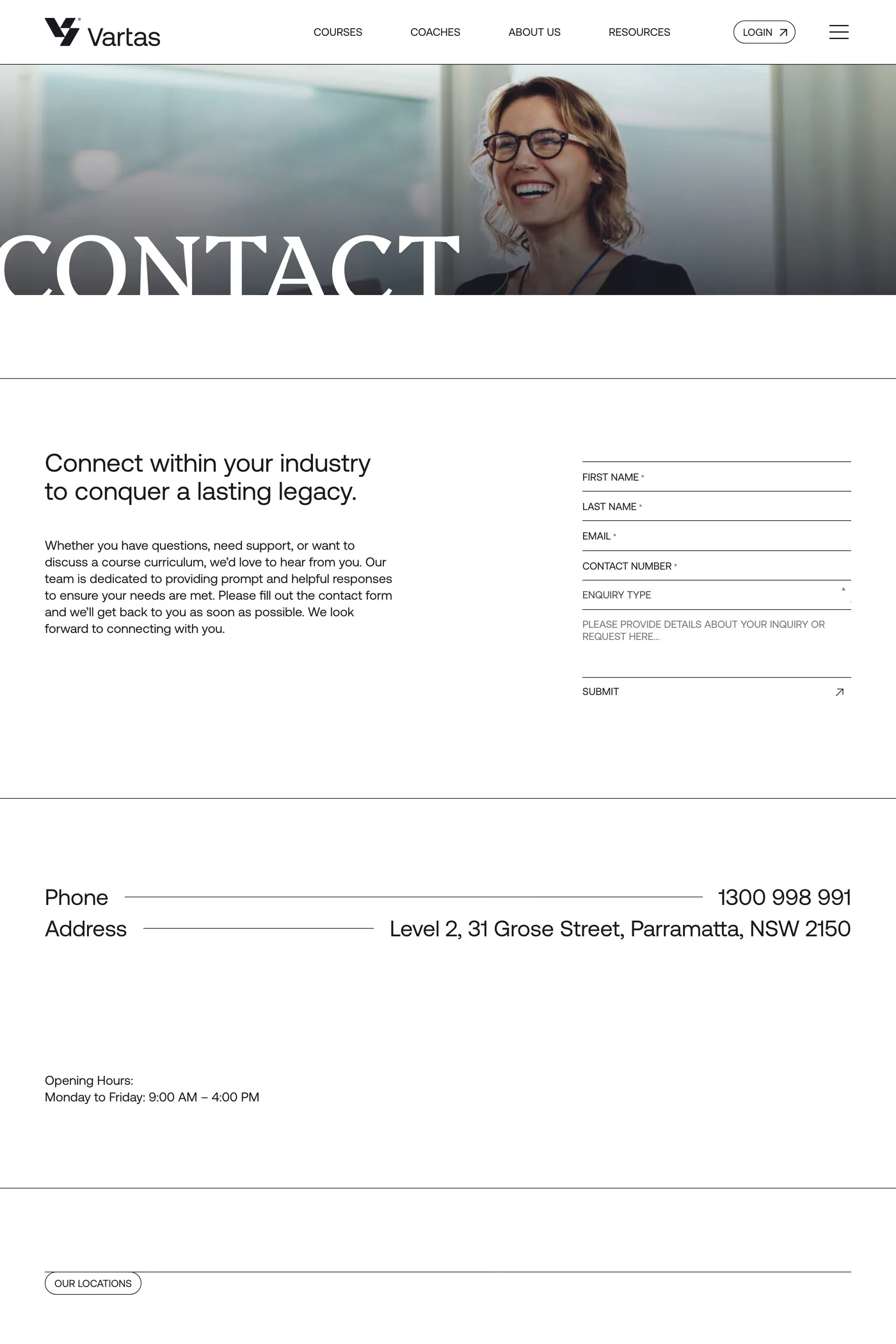 Vartas — screenshot of the contact page