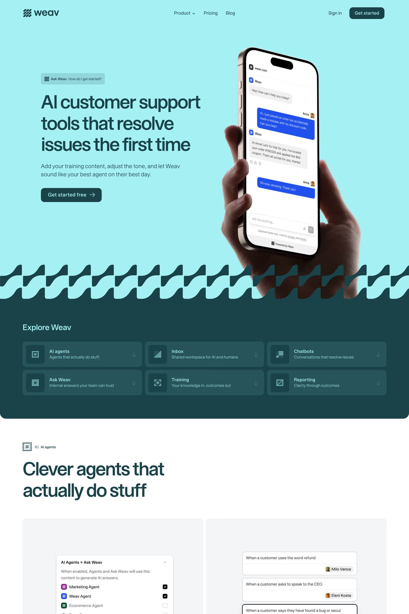 Weav — screenshot of the features page