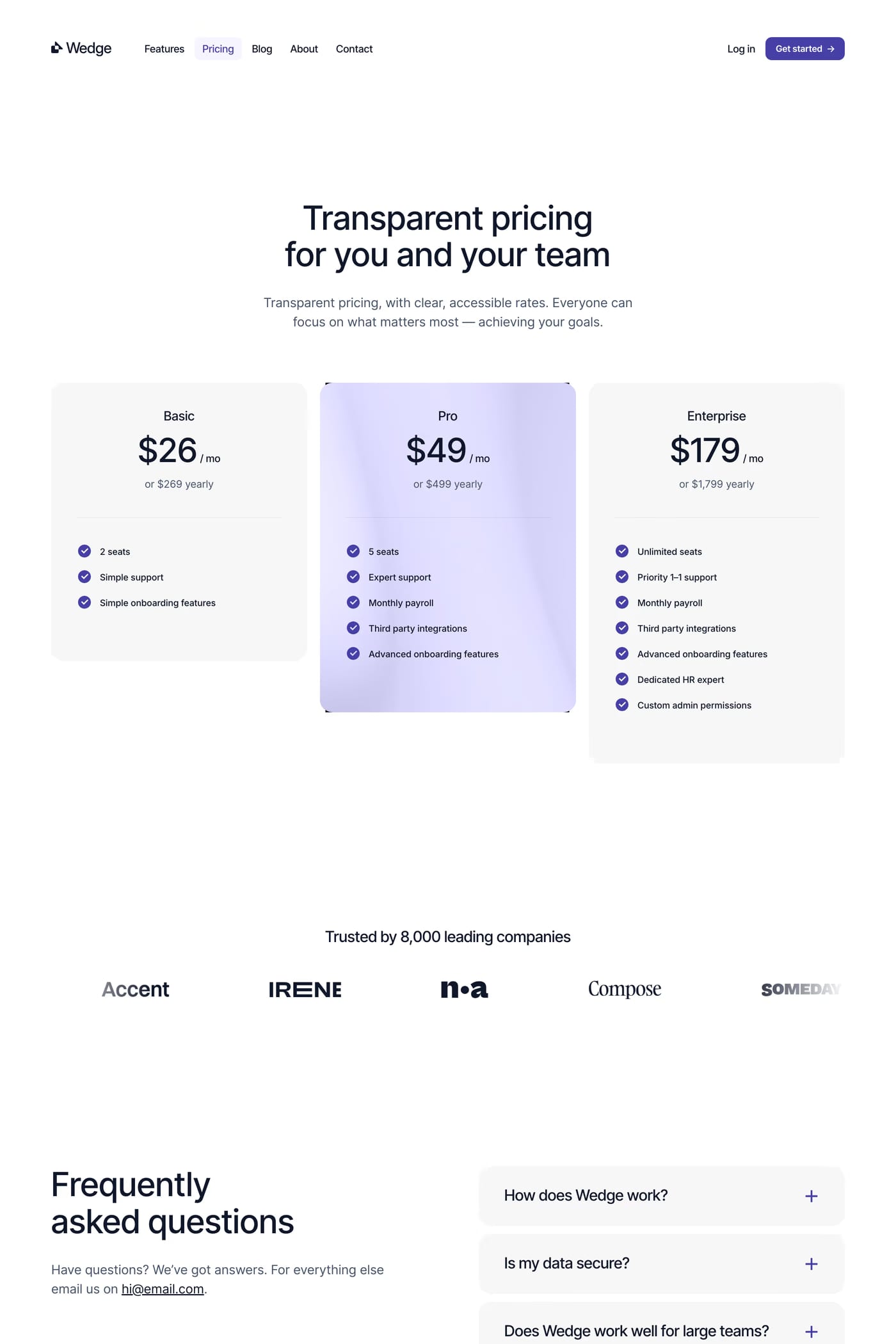 Wedge — screenshot of the pricing page