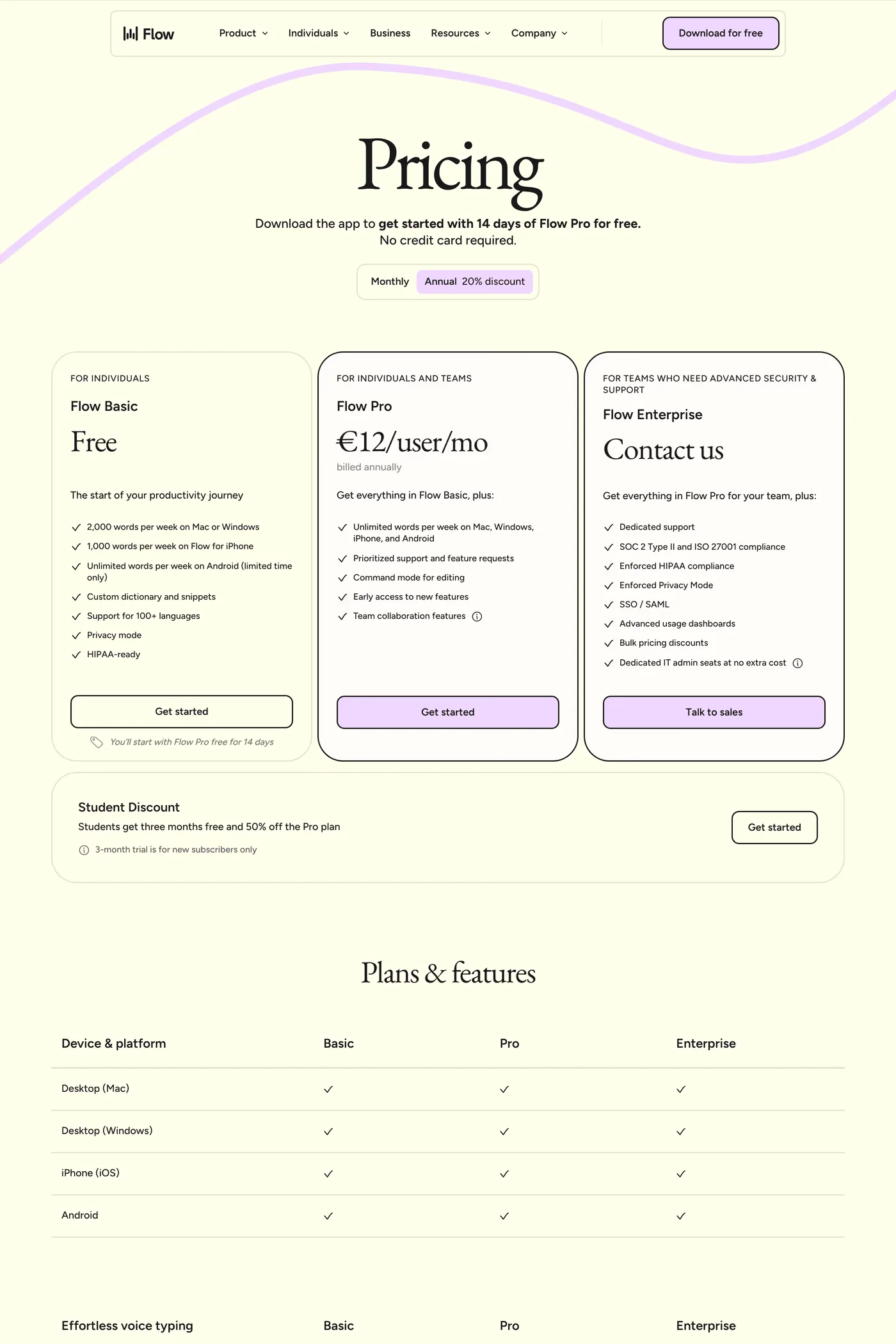 Wispr Flow — screenshot of the pricing page