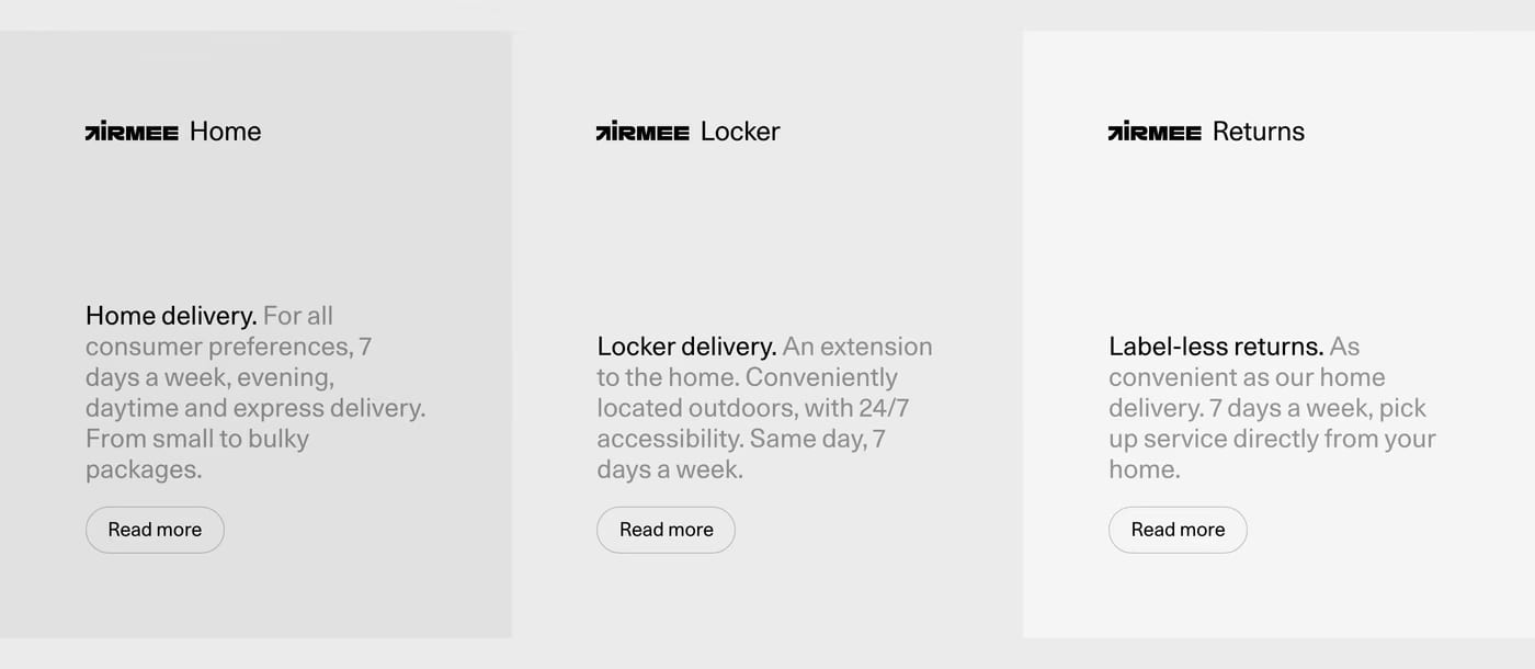 Airmee — screenshot of the features section