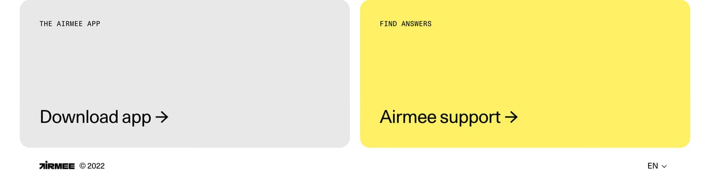 Airmee — screenshot of the footer section