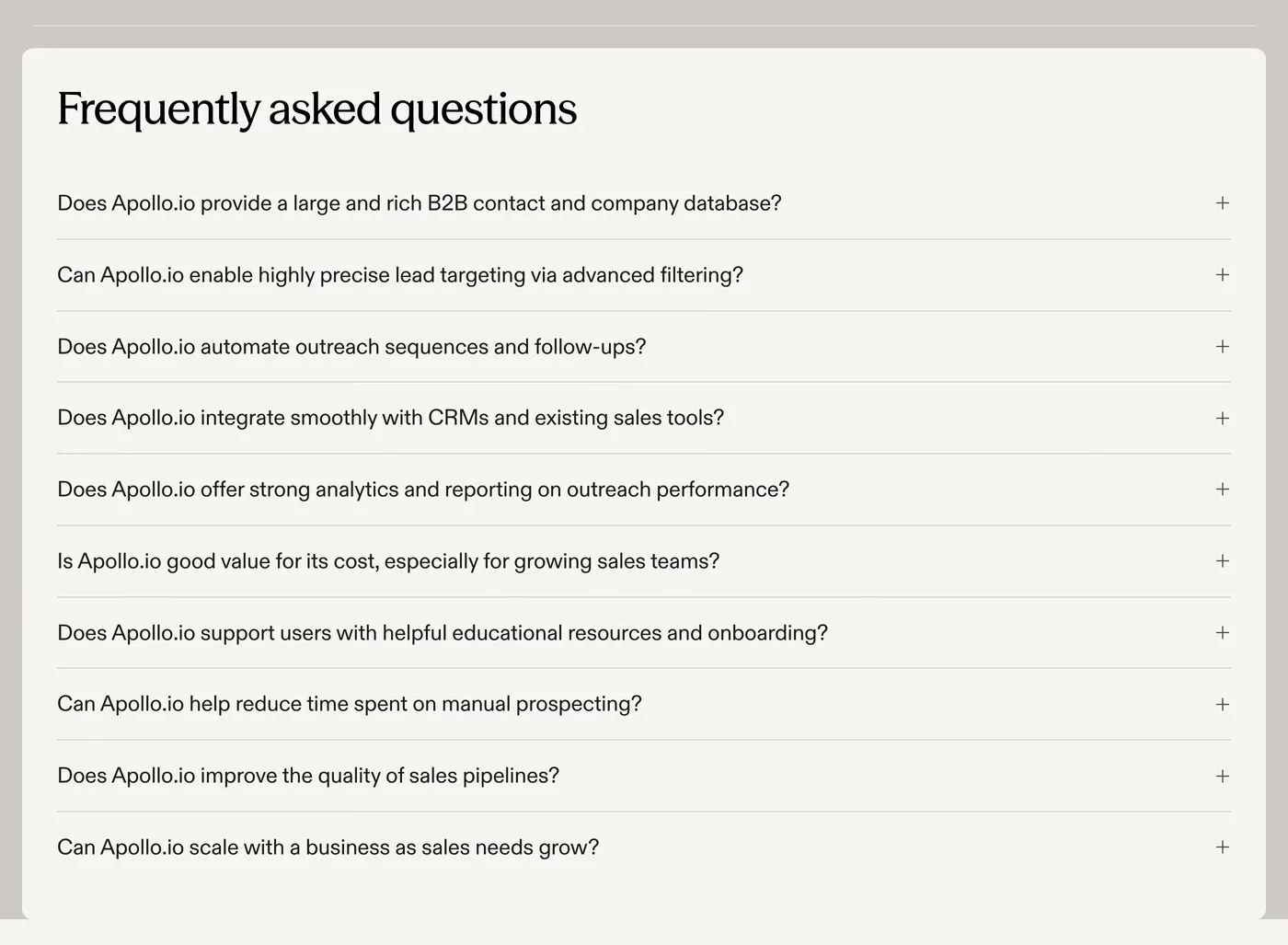 Apollo — screenshot of the faq section