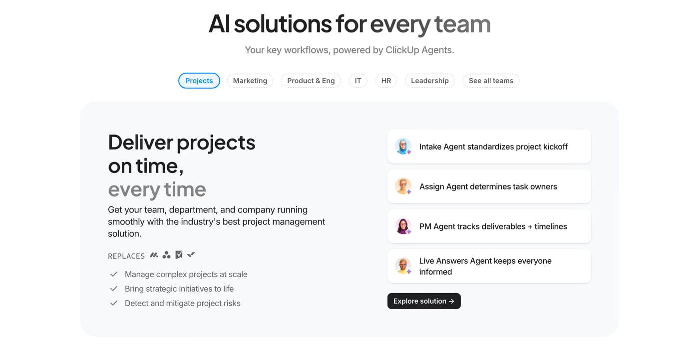 ClickUp — screenshot of the features section