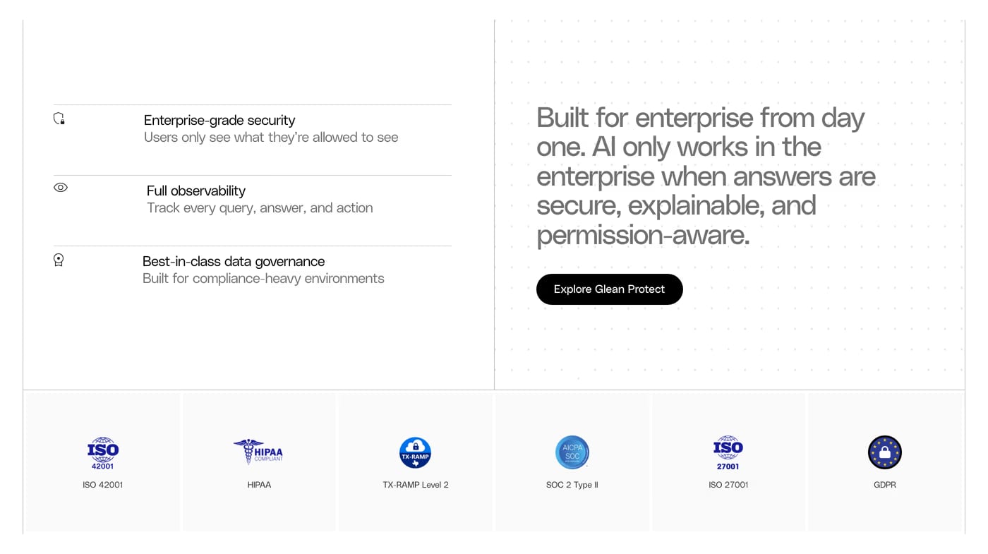 Glean — screenshot of the features section