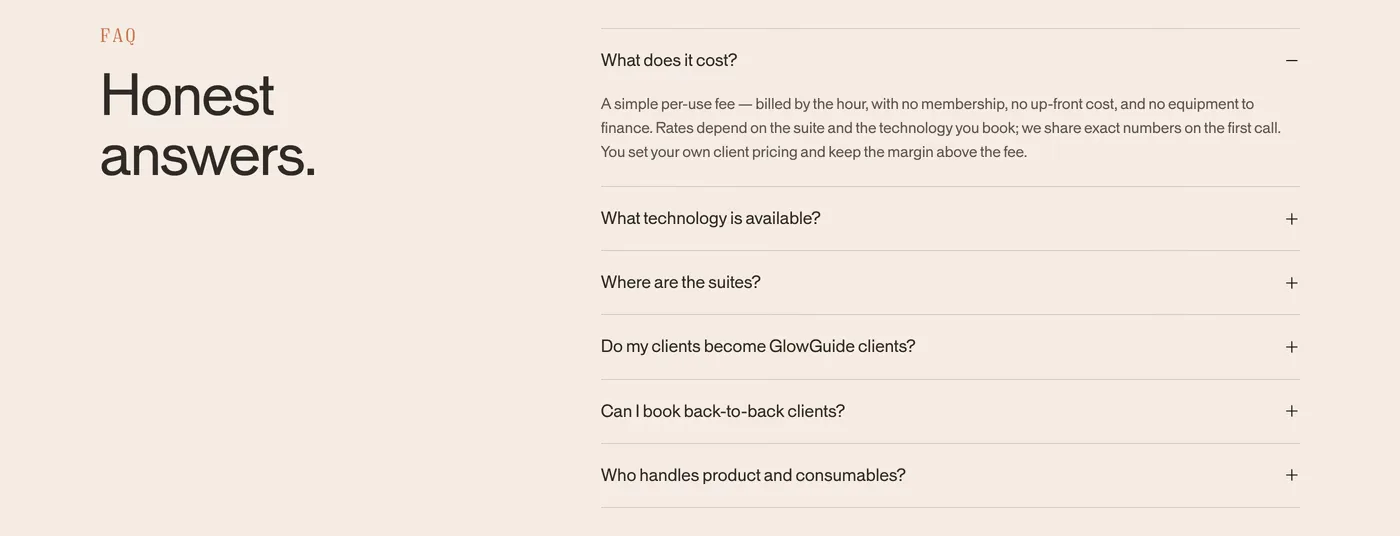 GlowGuide — screenshot of the faq section