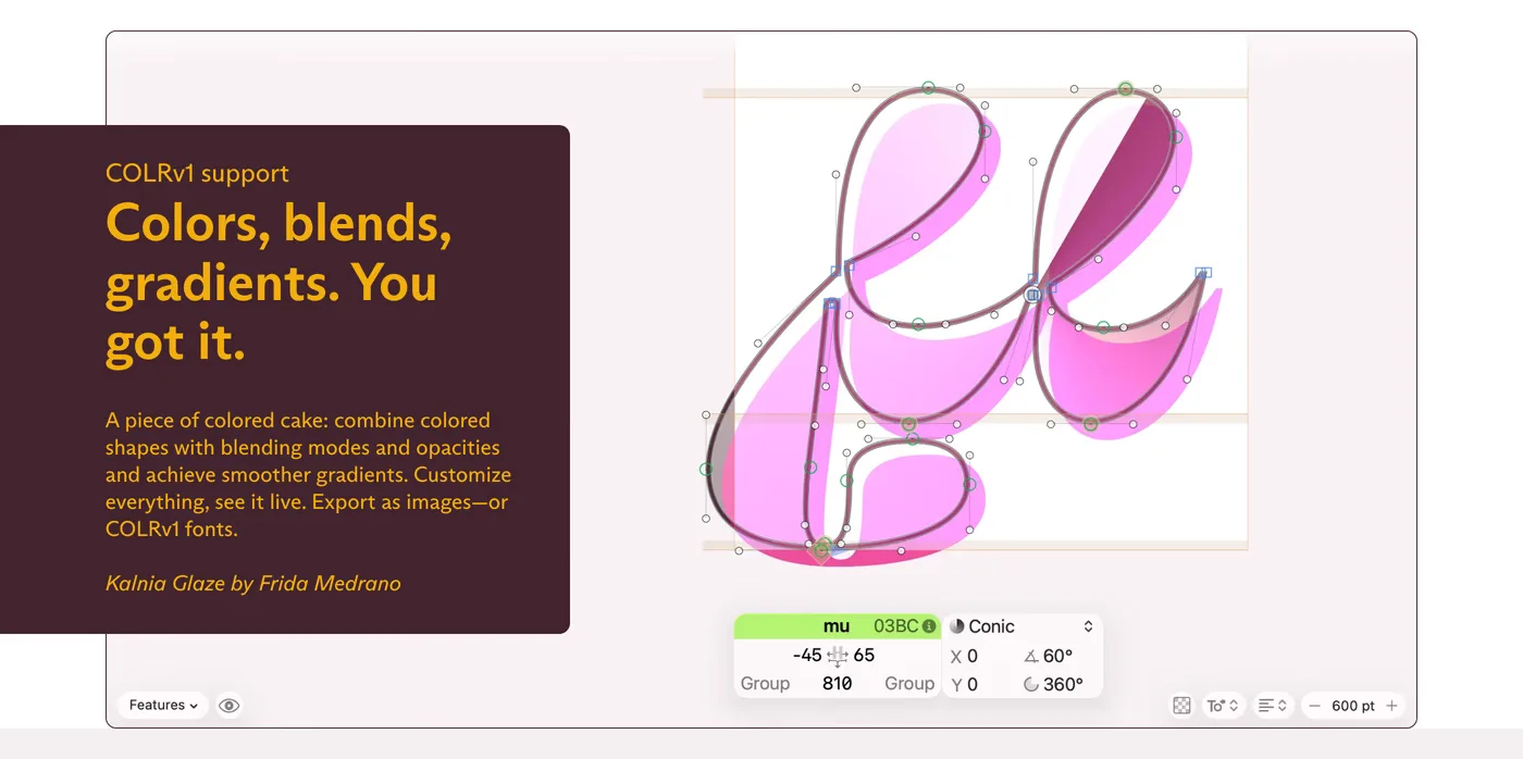 Glyphs — screenshot of the features section