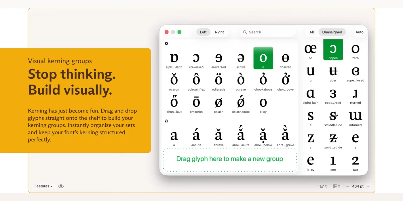 Glyphs — screenshot of the features section