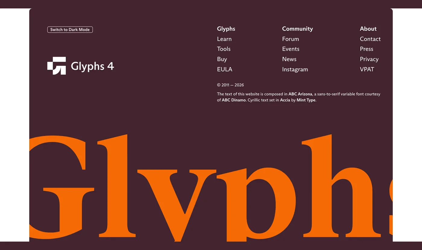 Glyphs — screenshot of the footer section