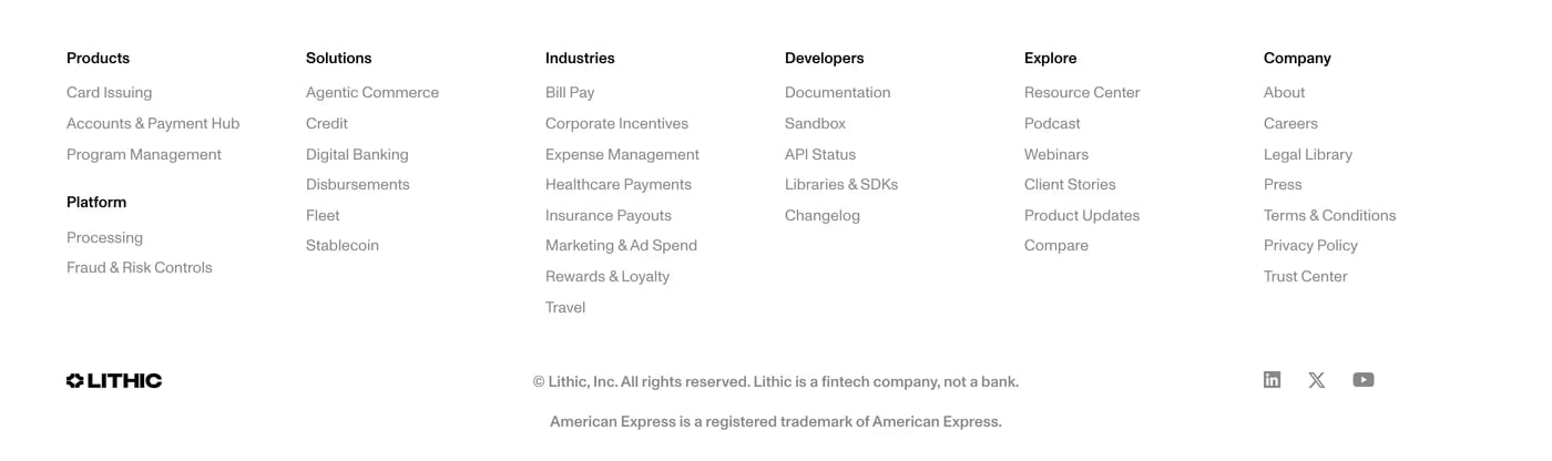 Lithic — screenshot of the footer section