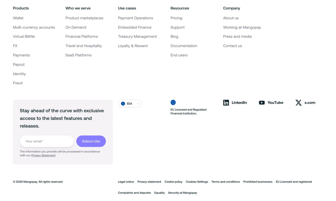 Mangopay — screenshot of the footer section