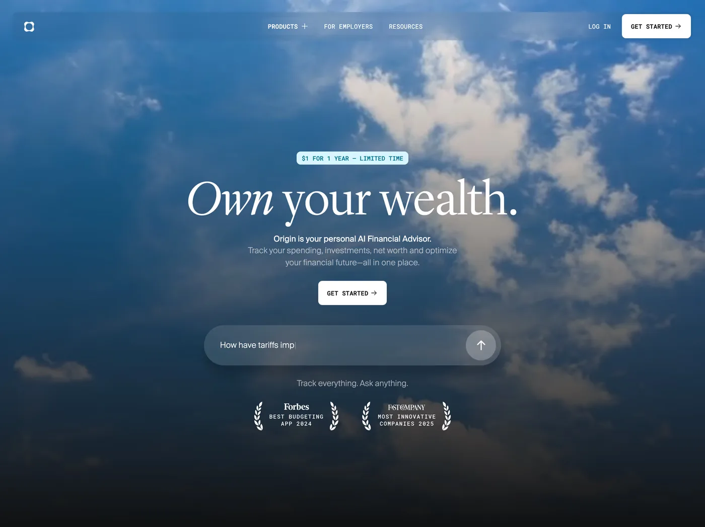 Origin — screenshot of the hero section