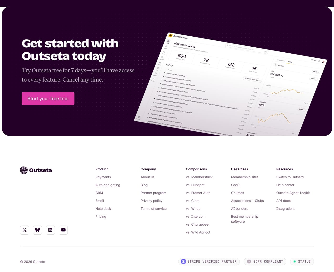 Outseta — screenshot of the footer section