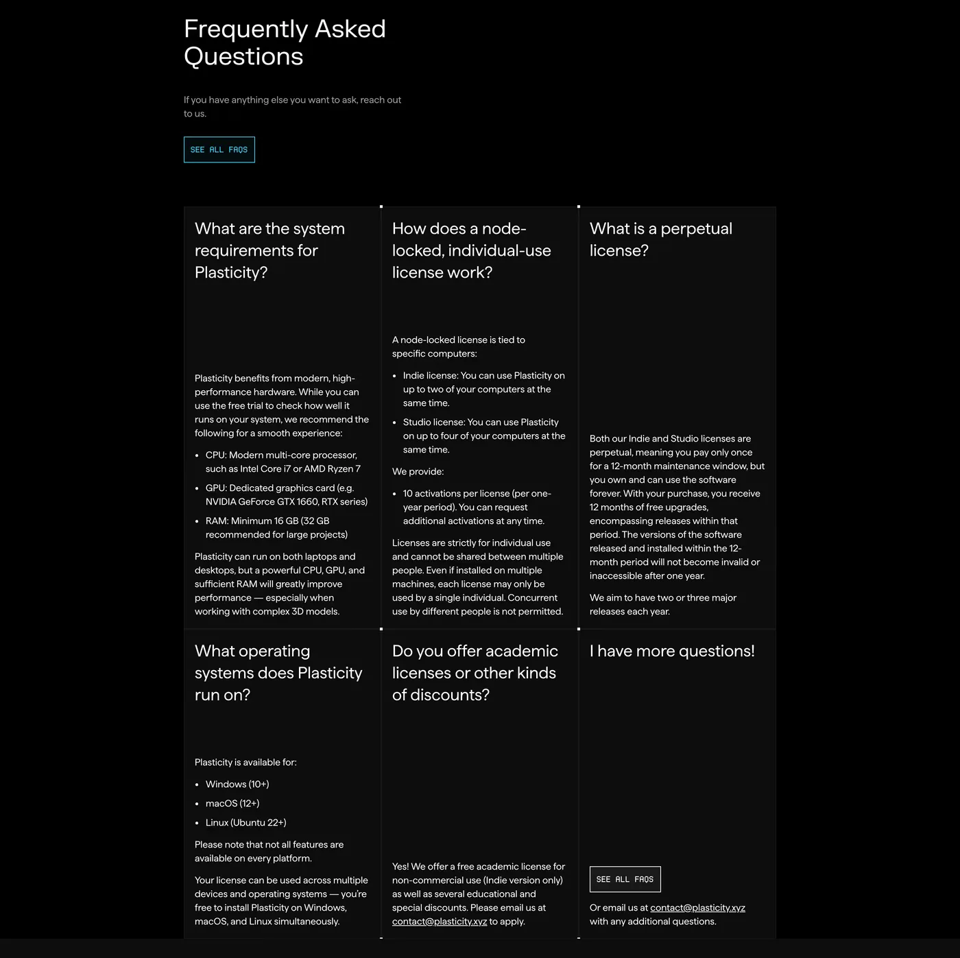 Plasticity — screenshot of the faq section