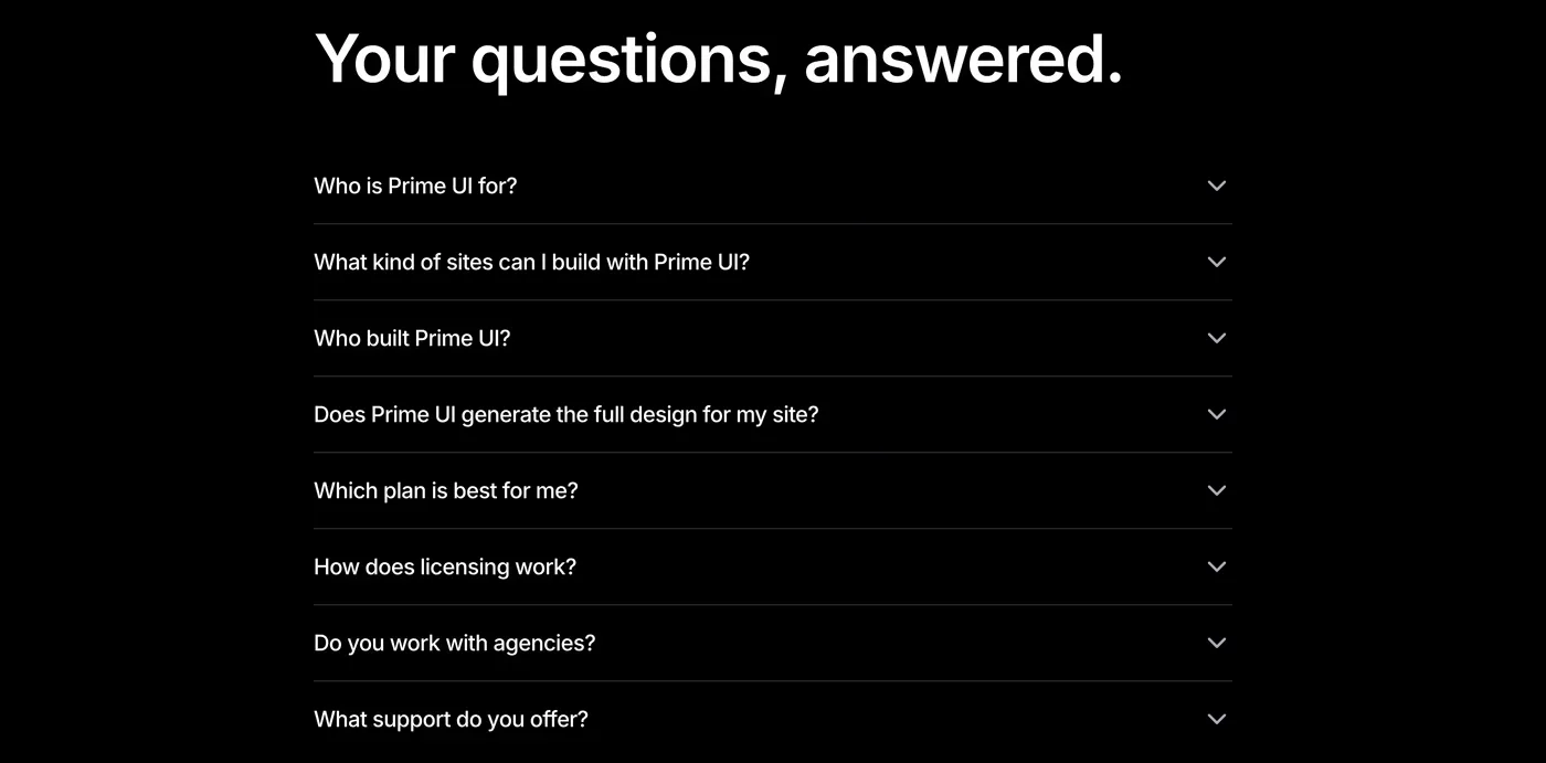 Prime UI — screenshot of the faq section