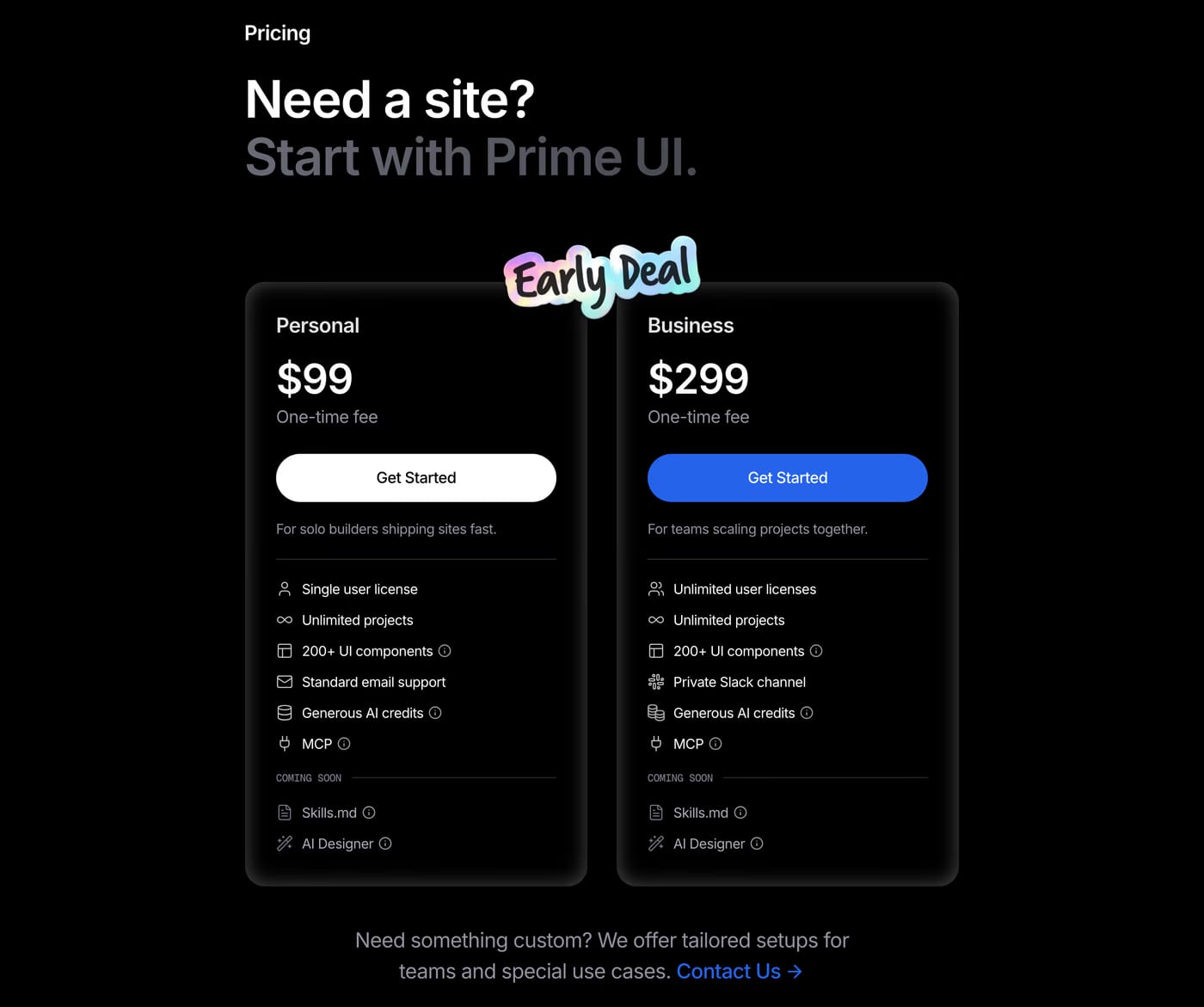 Prime UI Pricing section