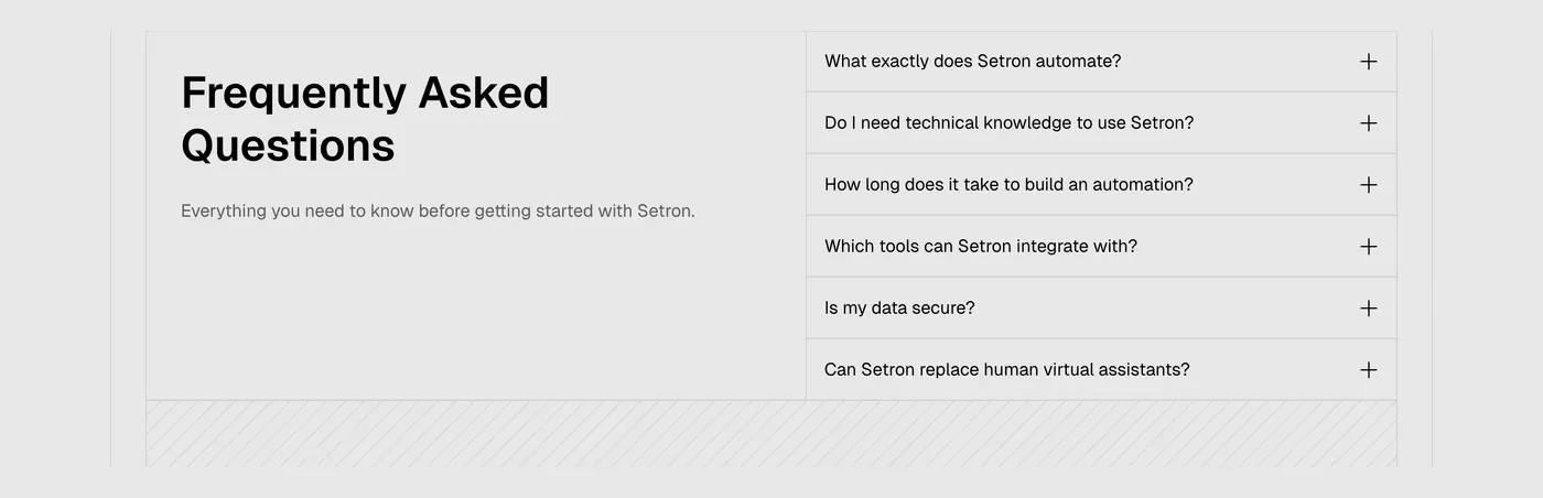 Setron — screenshot of the faq section