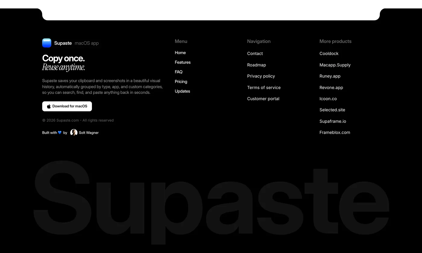 Supaste — screenshot of the footer section