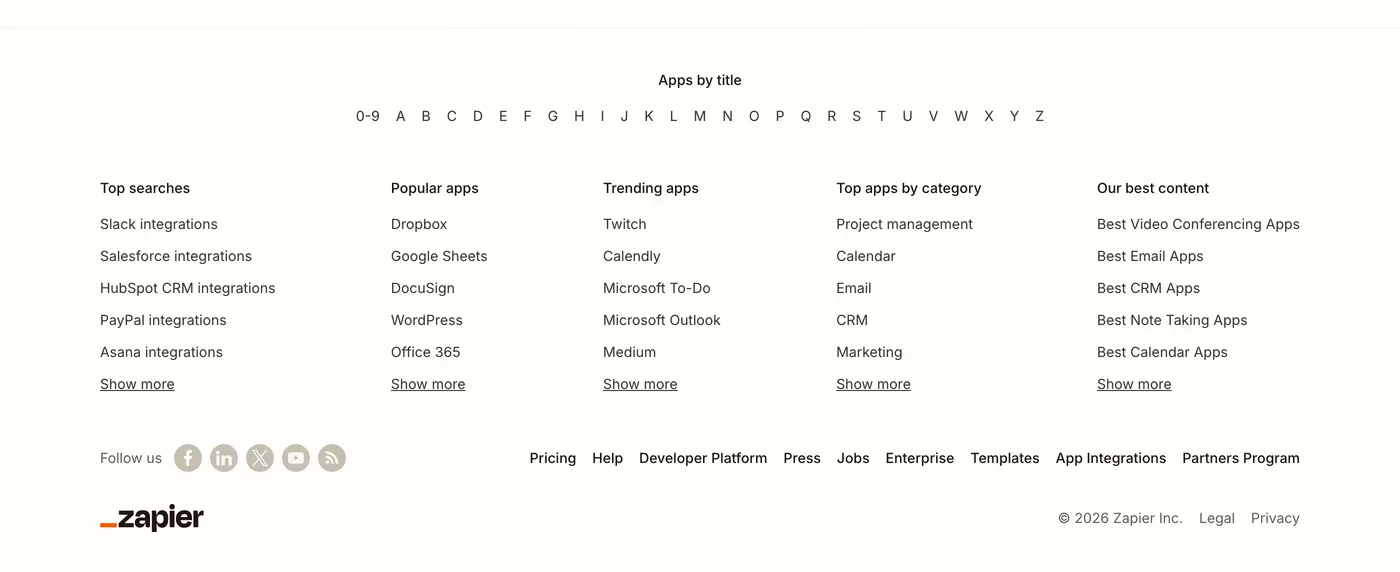 Zapier — screenshot of the footer section