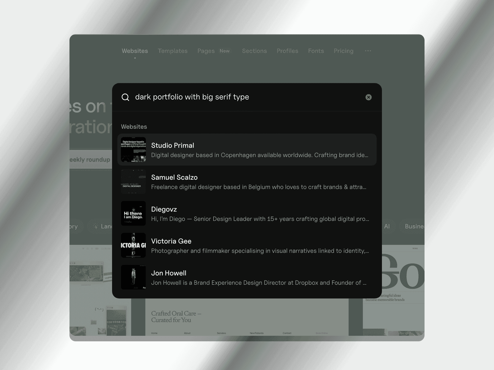 The ⌘K search modal in A1 with the query ‘dark portfolio with big serif type’ and matching results
