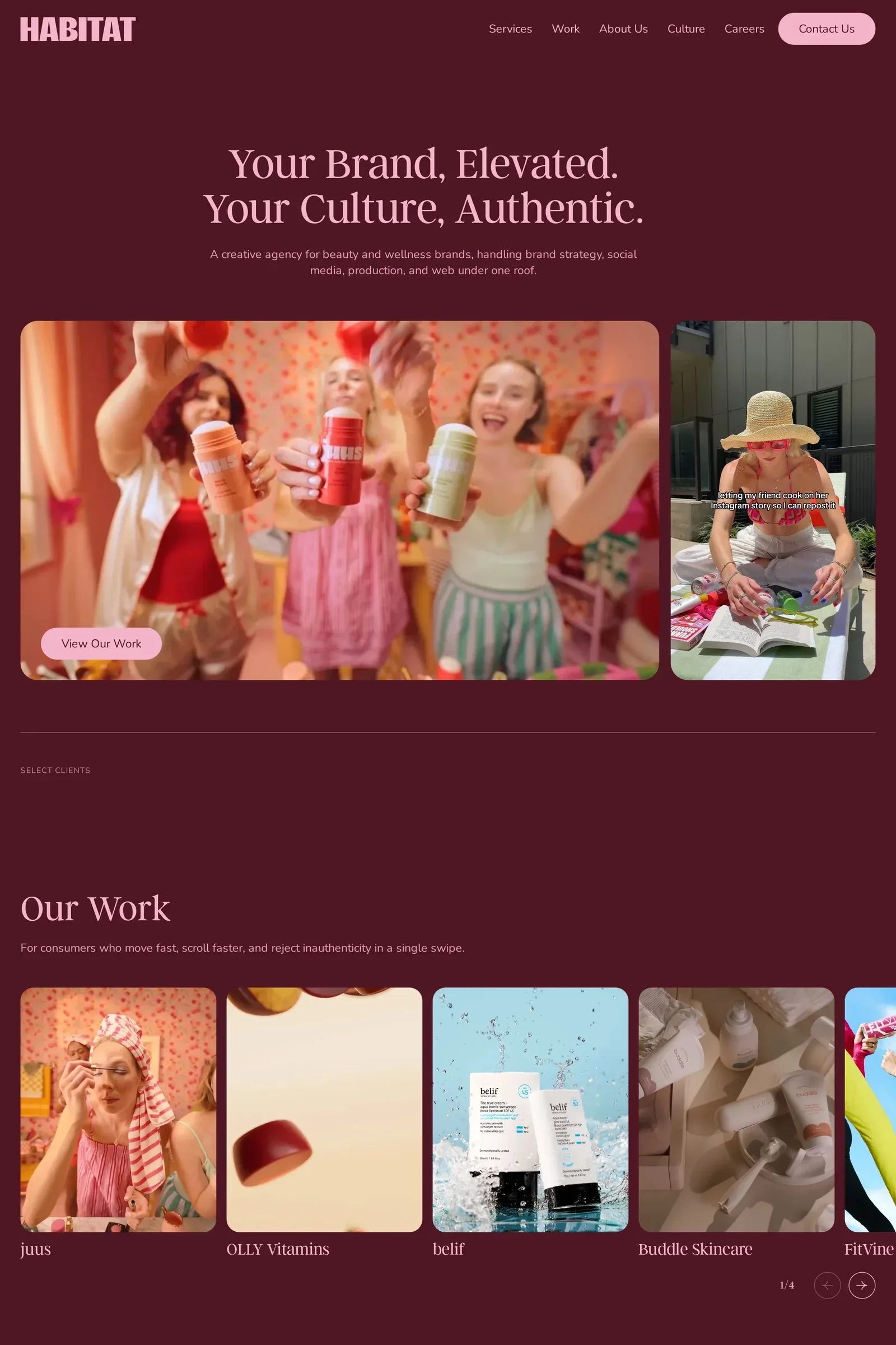 Agency Habitat — screenshot of an elegant, typographic marketing agency site in dark red and light pink