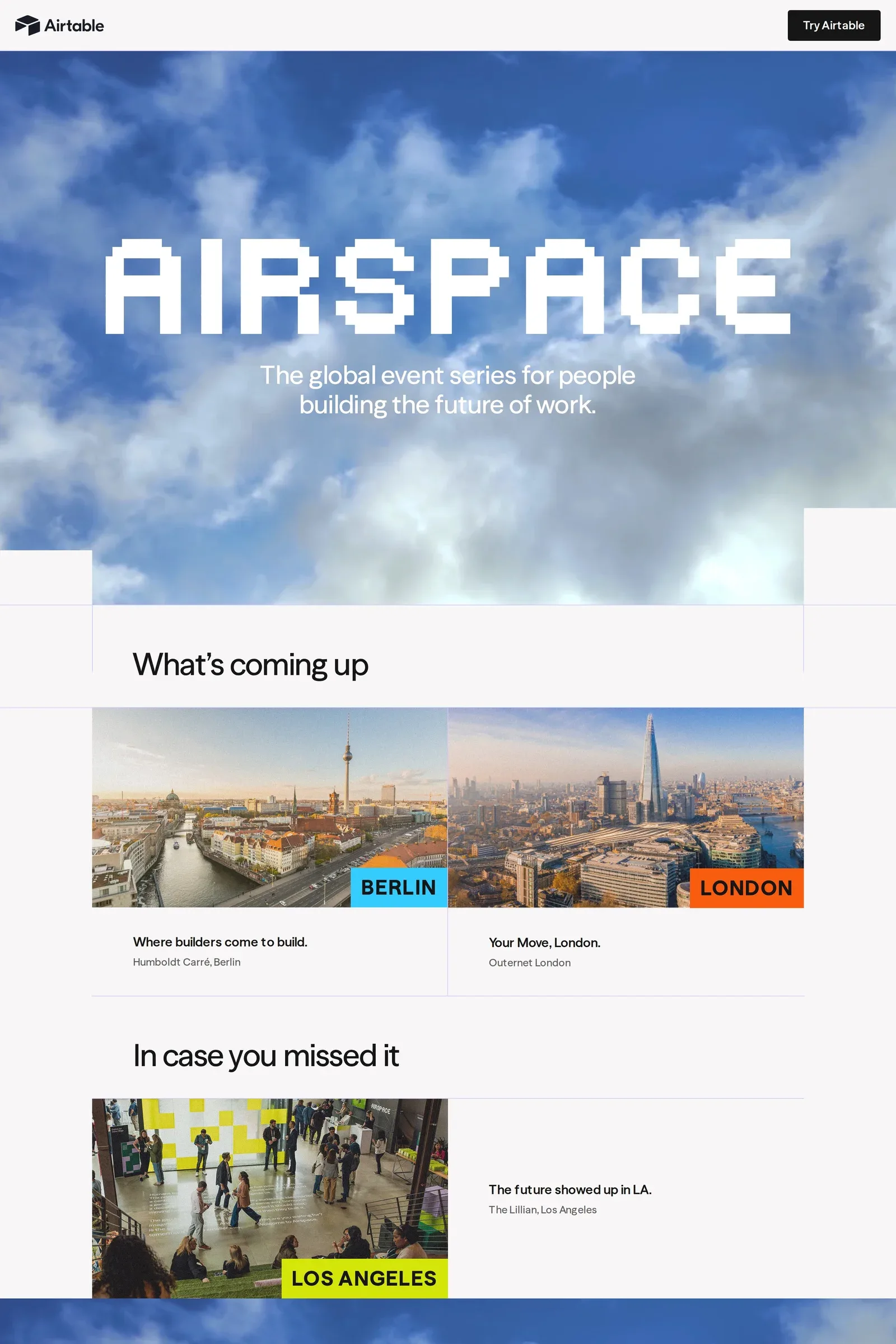 Airspace — screenshot of a pixelated, boxy events landing page in blue and white