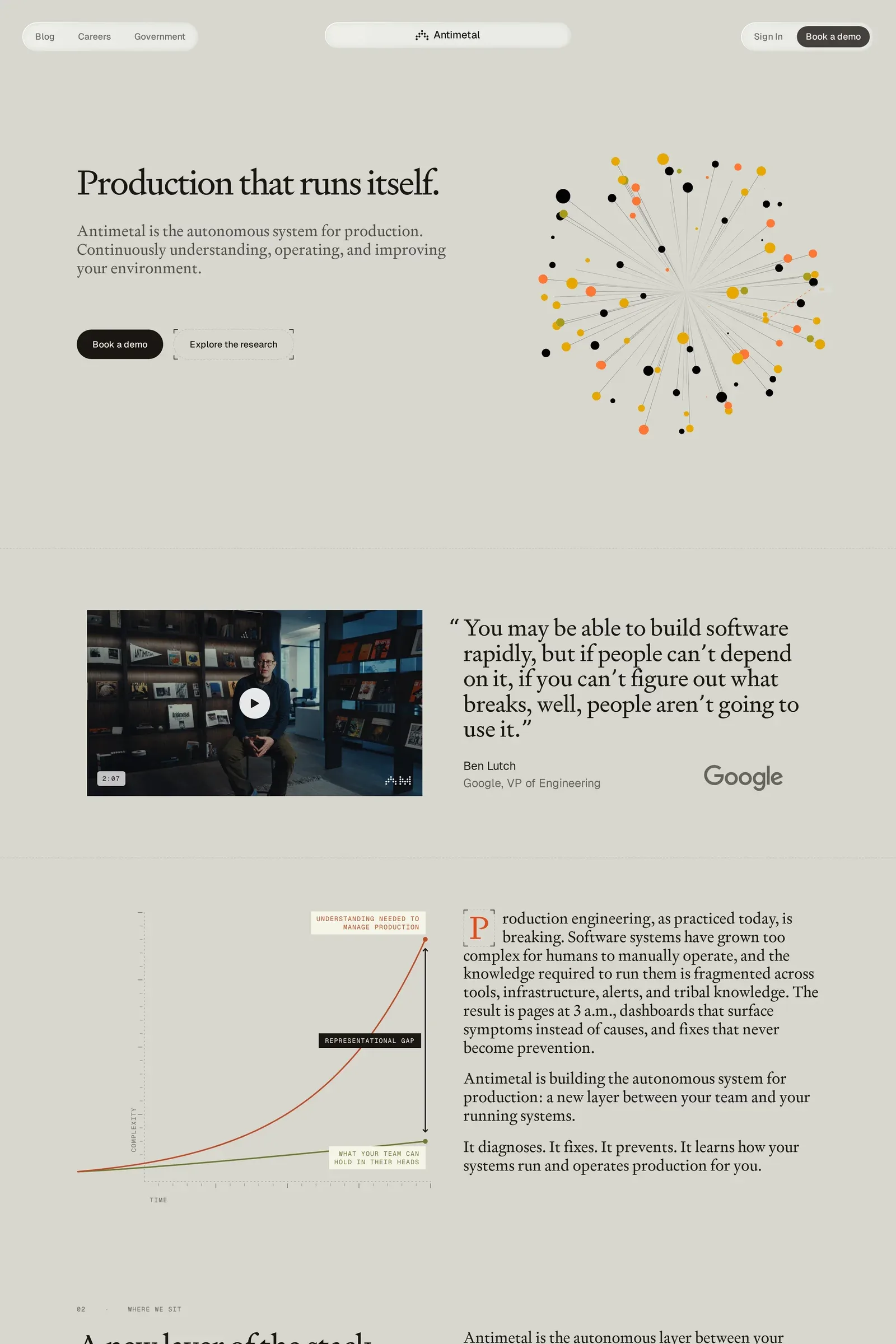 Antimetal — screenshot of a detailed, pastel development landing page in light blue and light grey