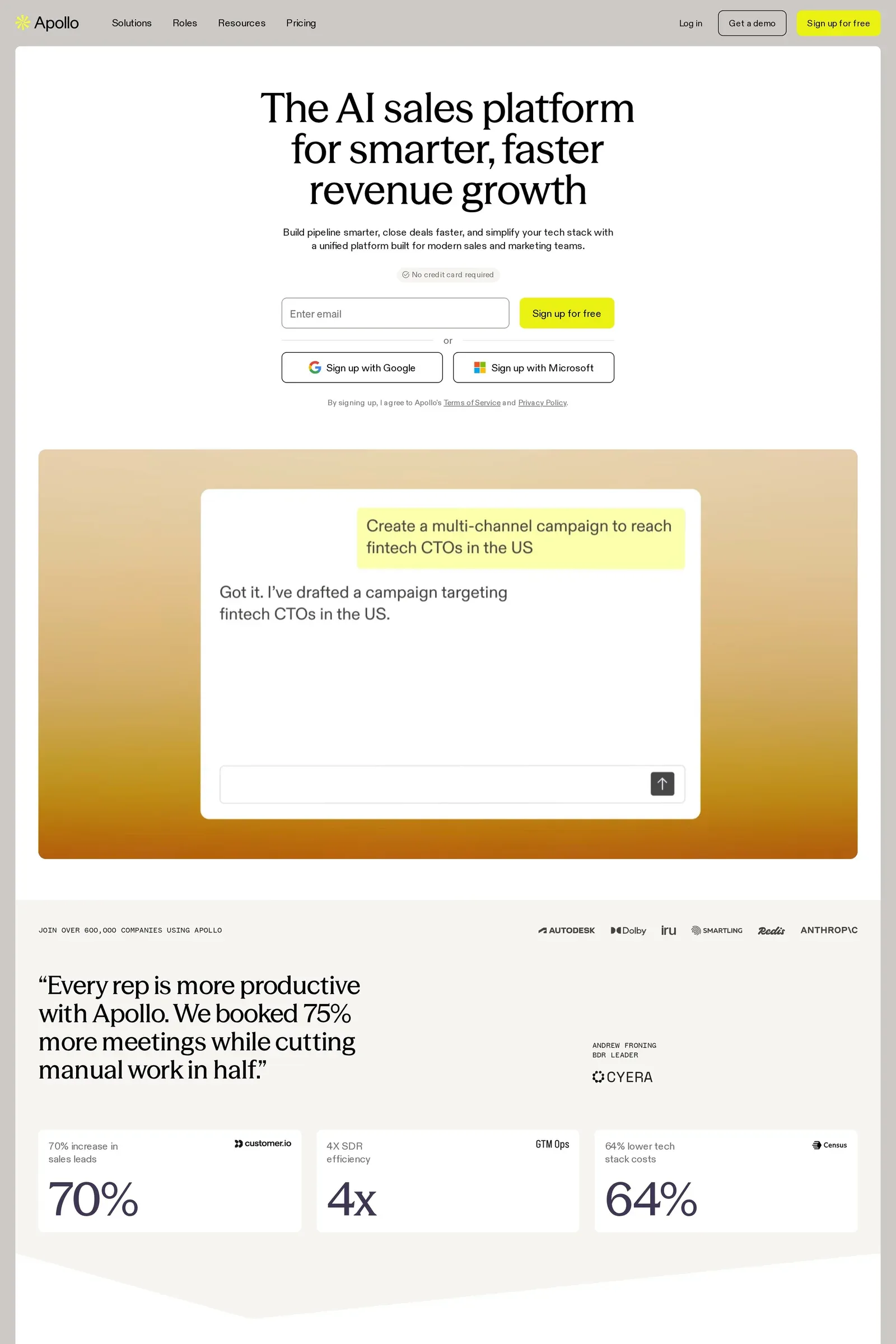 Apollo — screenshot of a pastel, isometric marketing landing page in white and grey