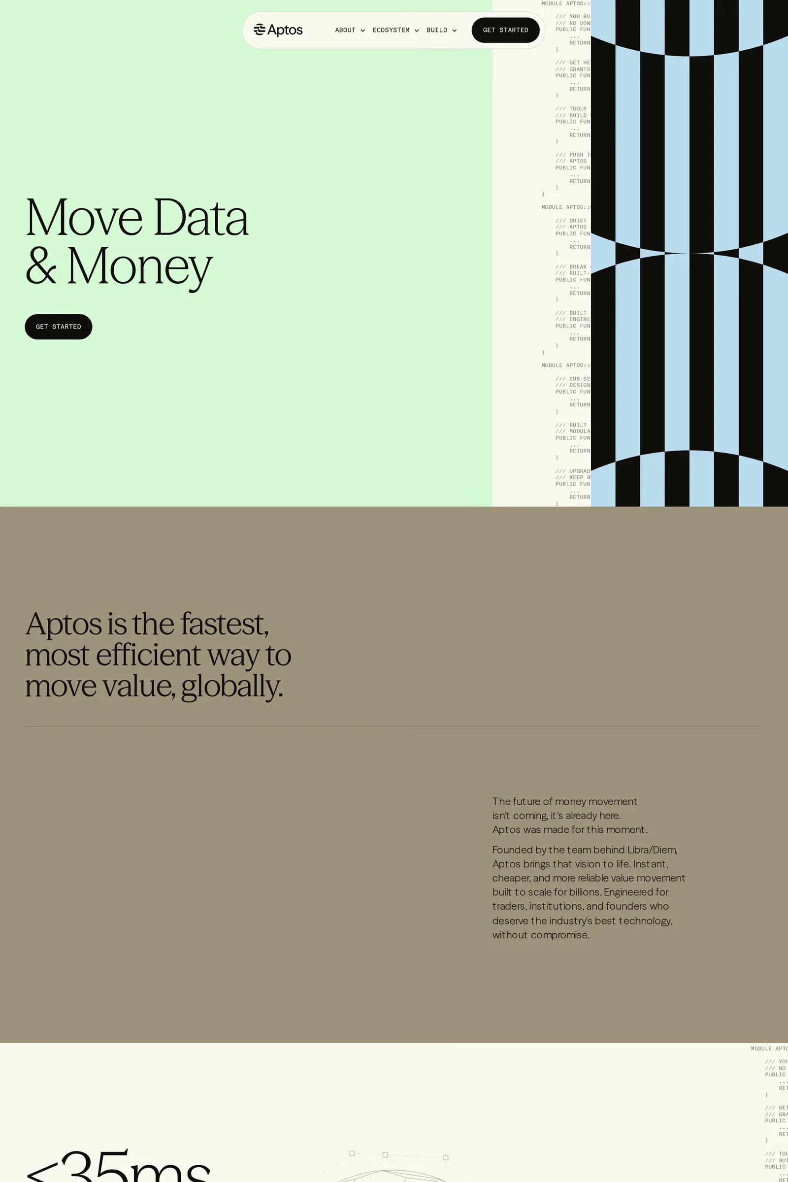 Aptos — screenshot of a colourful, techy Web3 and crypto landing page in white and light green