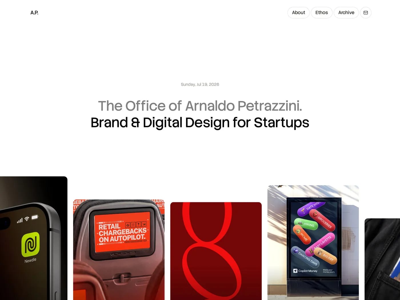 Arnaldo Petrazzini — screenshot of a light, minimal design portfolio site in white and grey