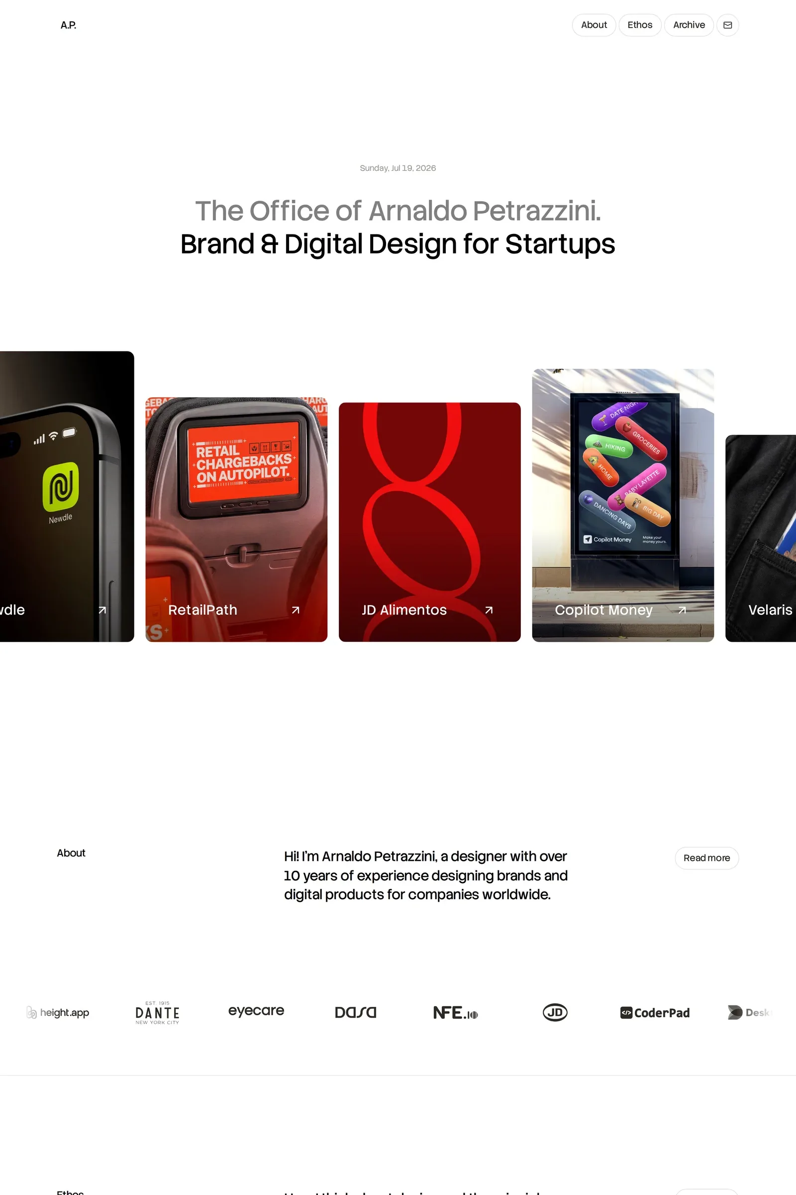 Arnaldo Petrazzini — screenshot of a light, minimal design portfolio site in white and grey