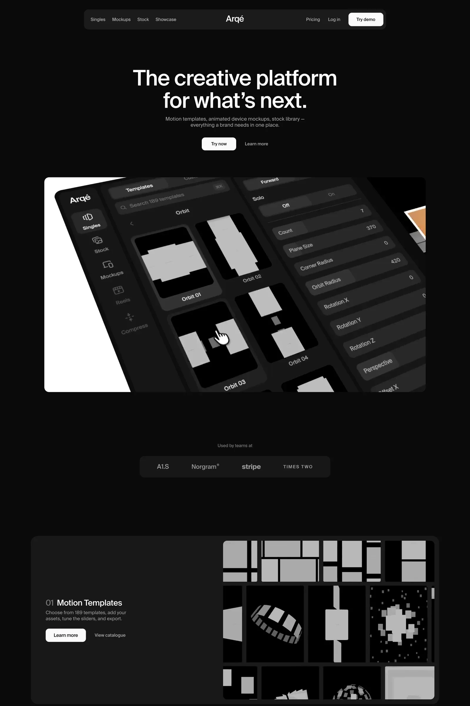 Arqé — screenshot of a minimal, typographic design landing page in white and black