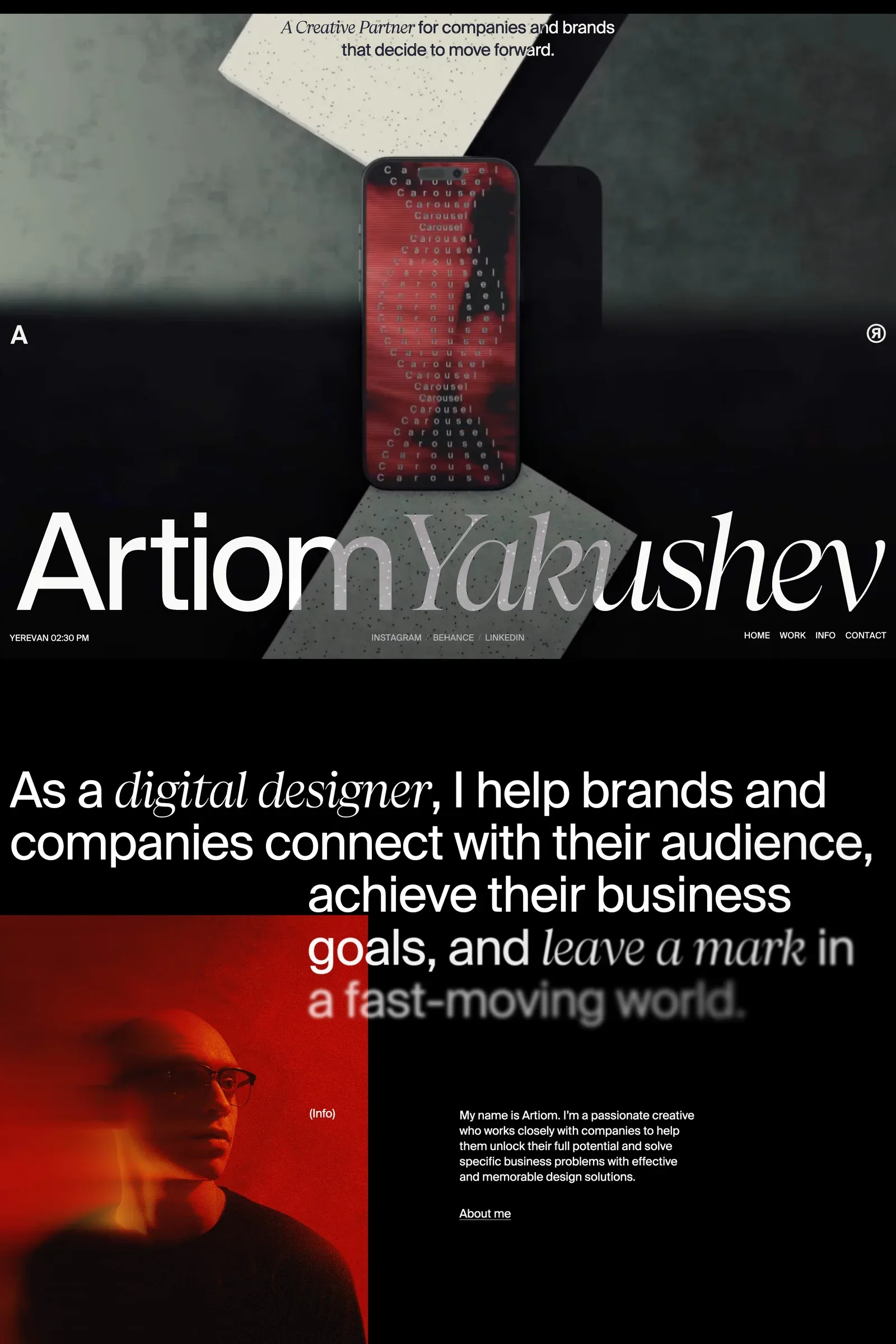 Artiom Yakushev — screenshot of a dark, typographic design portfolio site in black and red