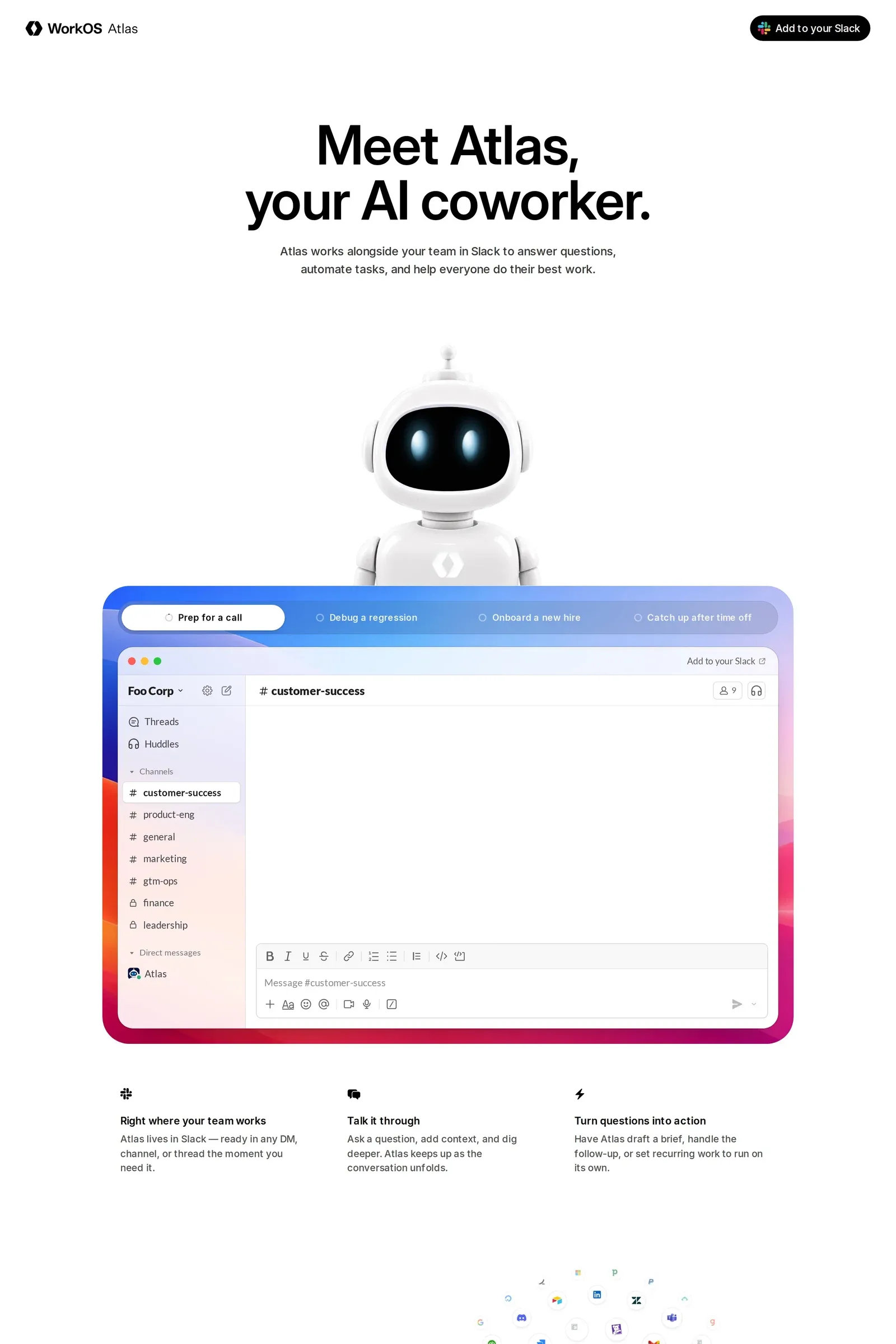 Atlas by WorkOS — screenshot of a typographic, 3D AI landing page in white and black
