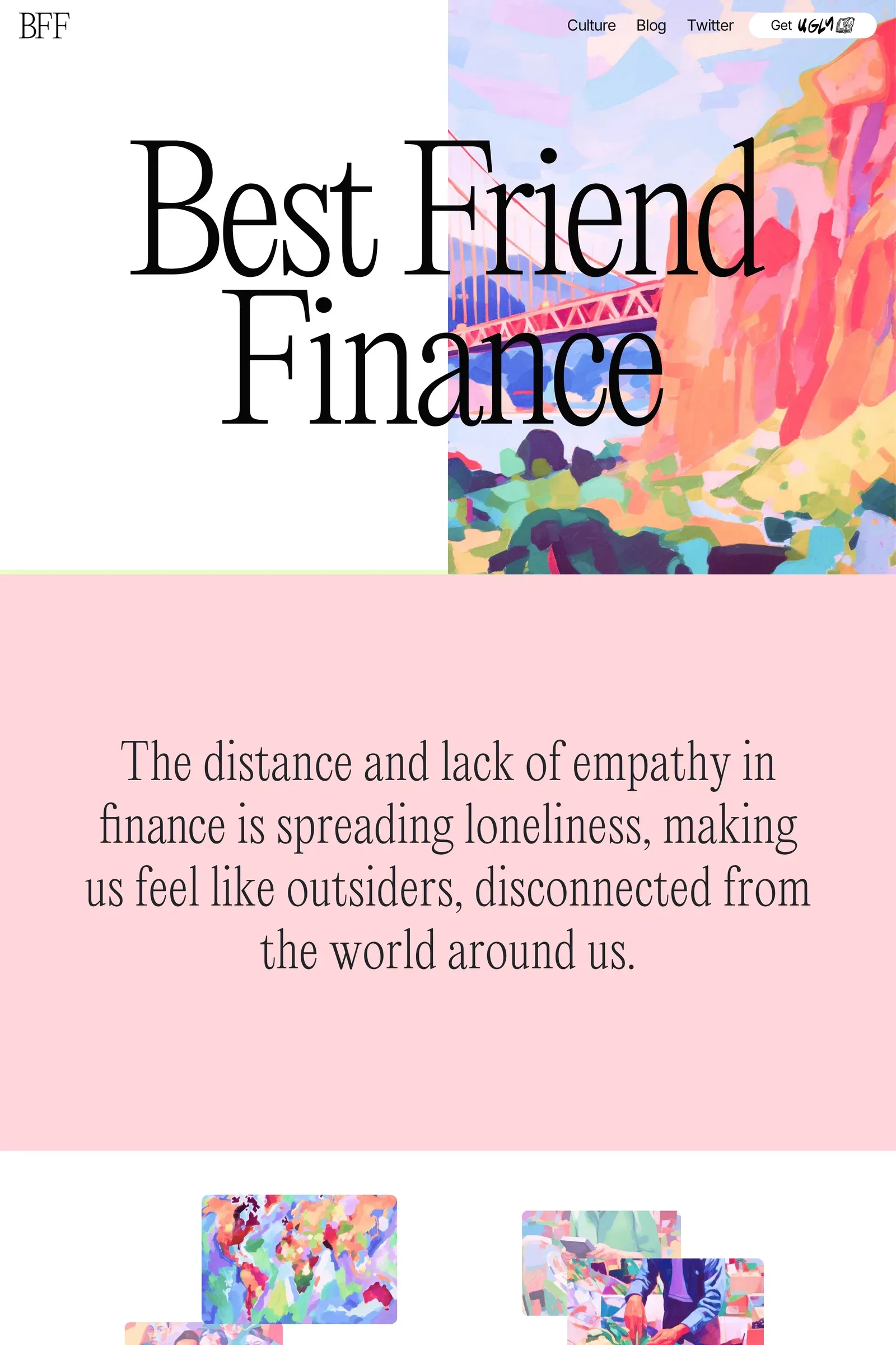 Best Friend Finance — screenshot of a pastel, painted finance landing page in white and light green
