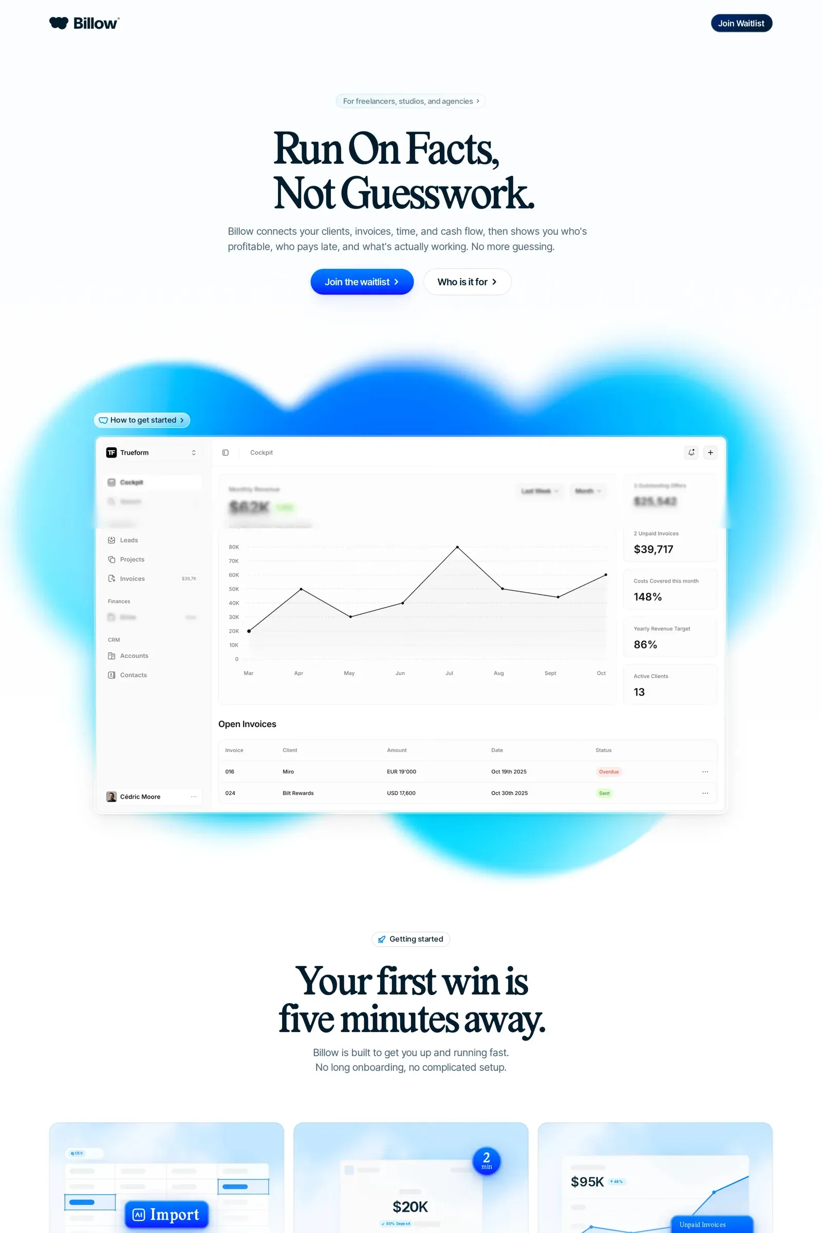Billow — screenshot of a light, minimal finance landing page in white and blue