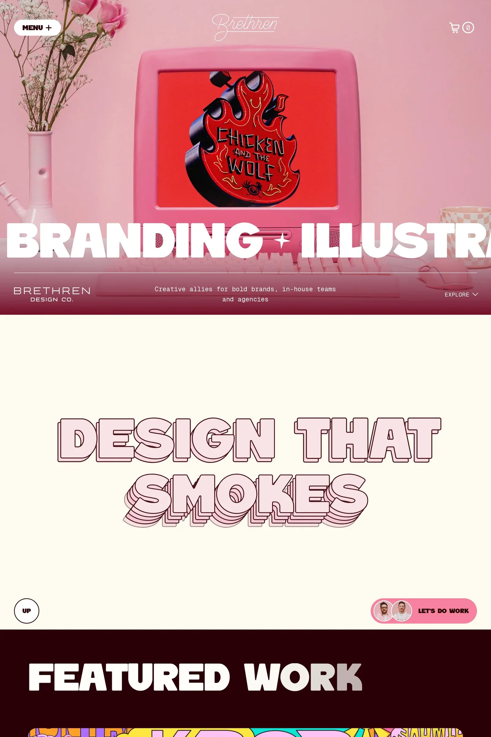 Brethren Design Co — screenshot of a design agency site in pink and cream, with big type and monospaced type