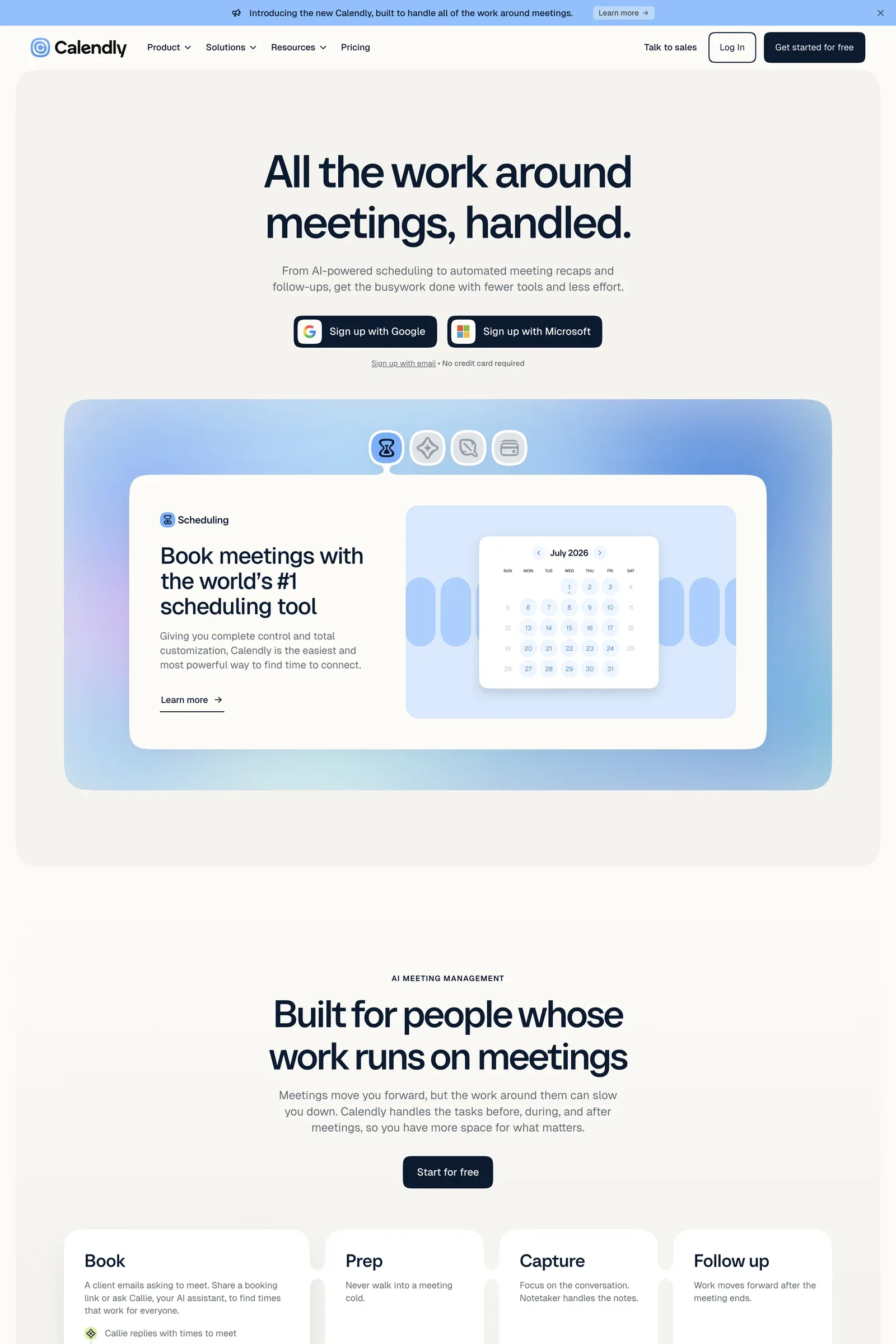 Calendly — screenshot of an editorial, typographic AI landing page in beige and white