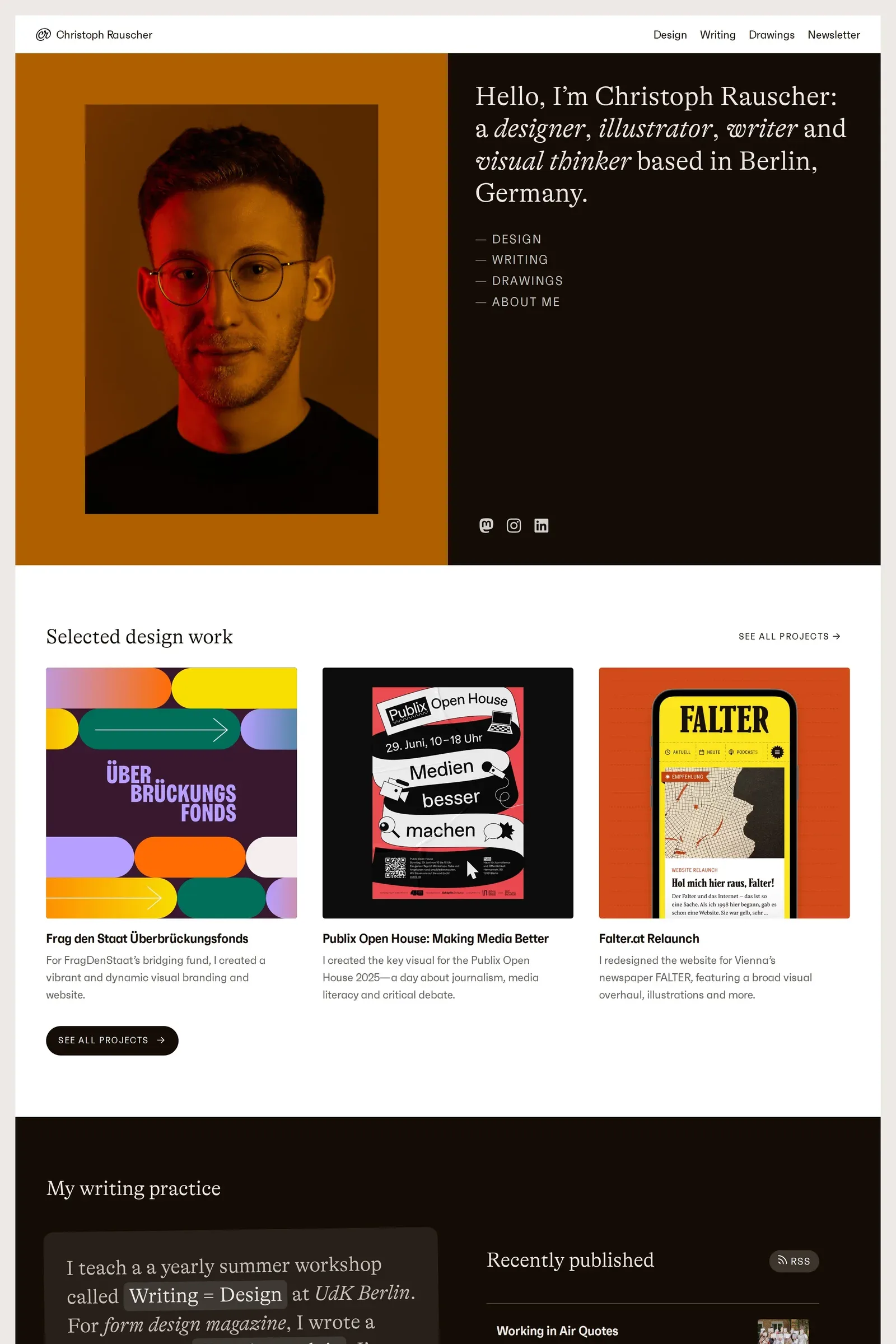 Christoph Rauscher — screenshot of a boxy design portfolio site in white and light grey